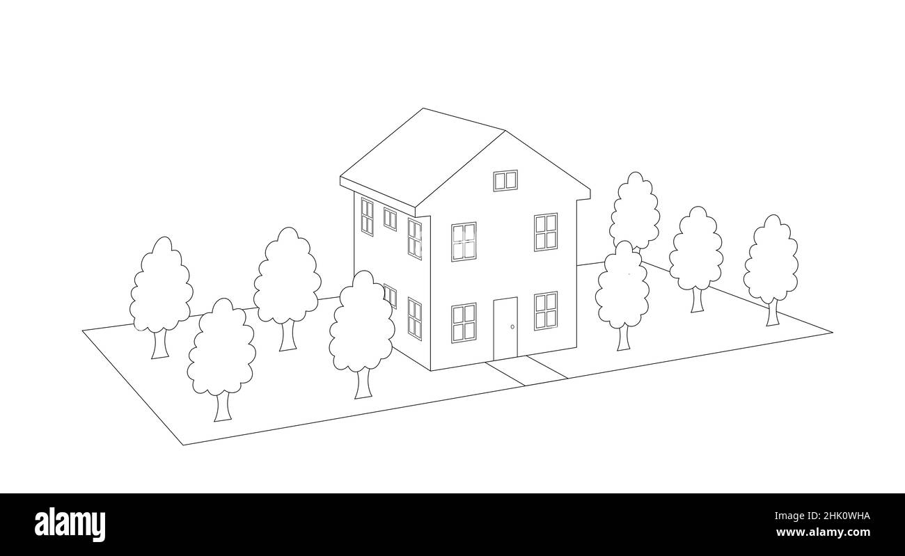 3D Vista prospettica di una casa a due piani circondata da alberi. Disegno a linee in bianco e nero Foto Stock