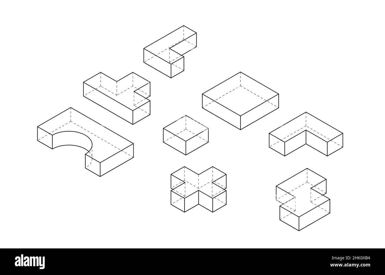 set di forme isometriche diverse con linee tratteggiate, illustrazione 3d in bianco e nero Foto Stock
