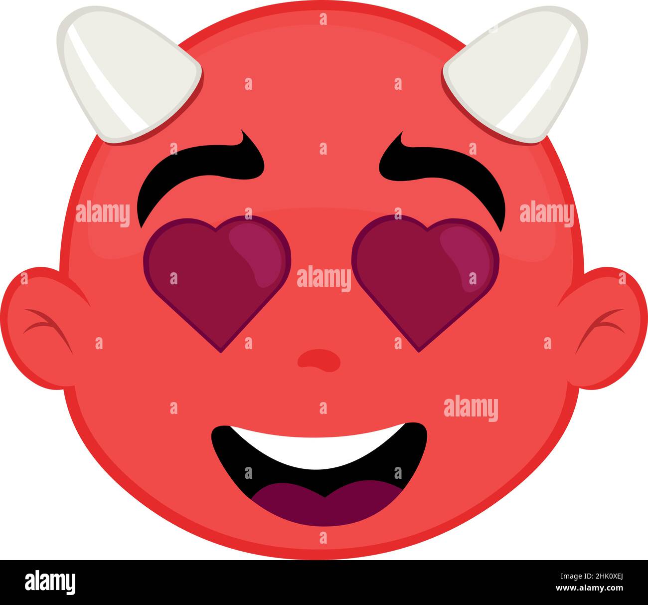 Illustrazione vettoriale del volto di un diavolo cartoon con occhi a forma di cuore, in concetto di amore e di valentine Illustrazione Vettoriale