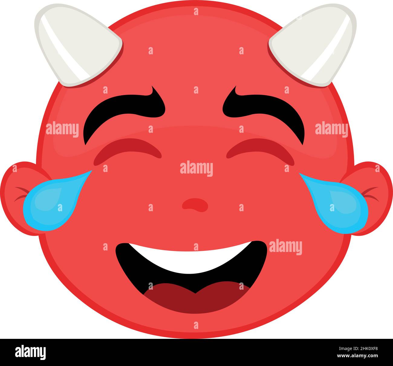 Illustrazione vettoriale del volto di un diavolo cartoon con un'espressione felice e lacrime di risate Illustrazione Vettoriale