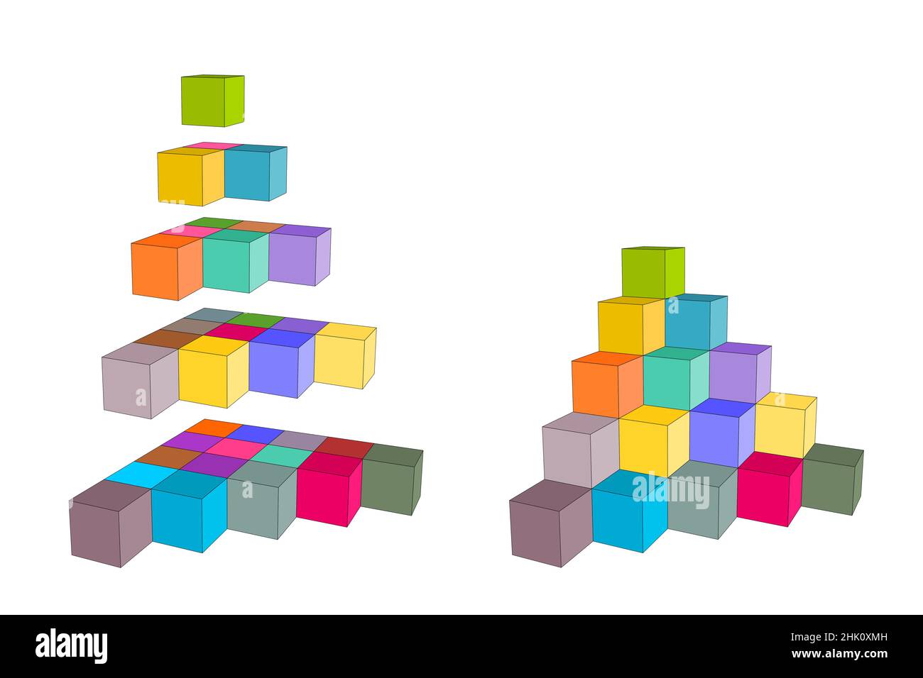 fasi di costruzione di una piramide di cubi impilati, blocchi da costruzione colorati, 3d illustrazioni isolate su sfondo bianco. vista prospettica Foto Stock