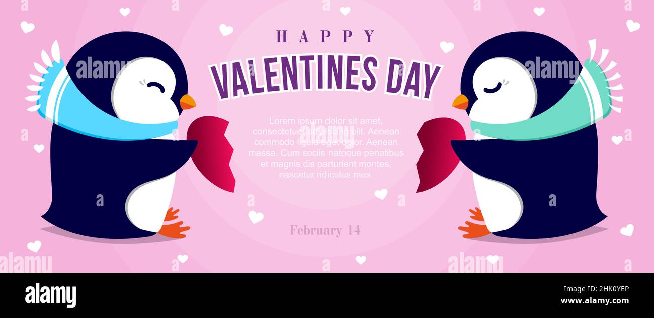 Due pinguini con metà del cuore su sfondo rosa. Banner panoramico per vacanza, buon San Valentino Illustrazione Vettoriale