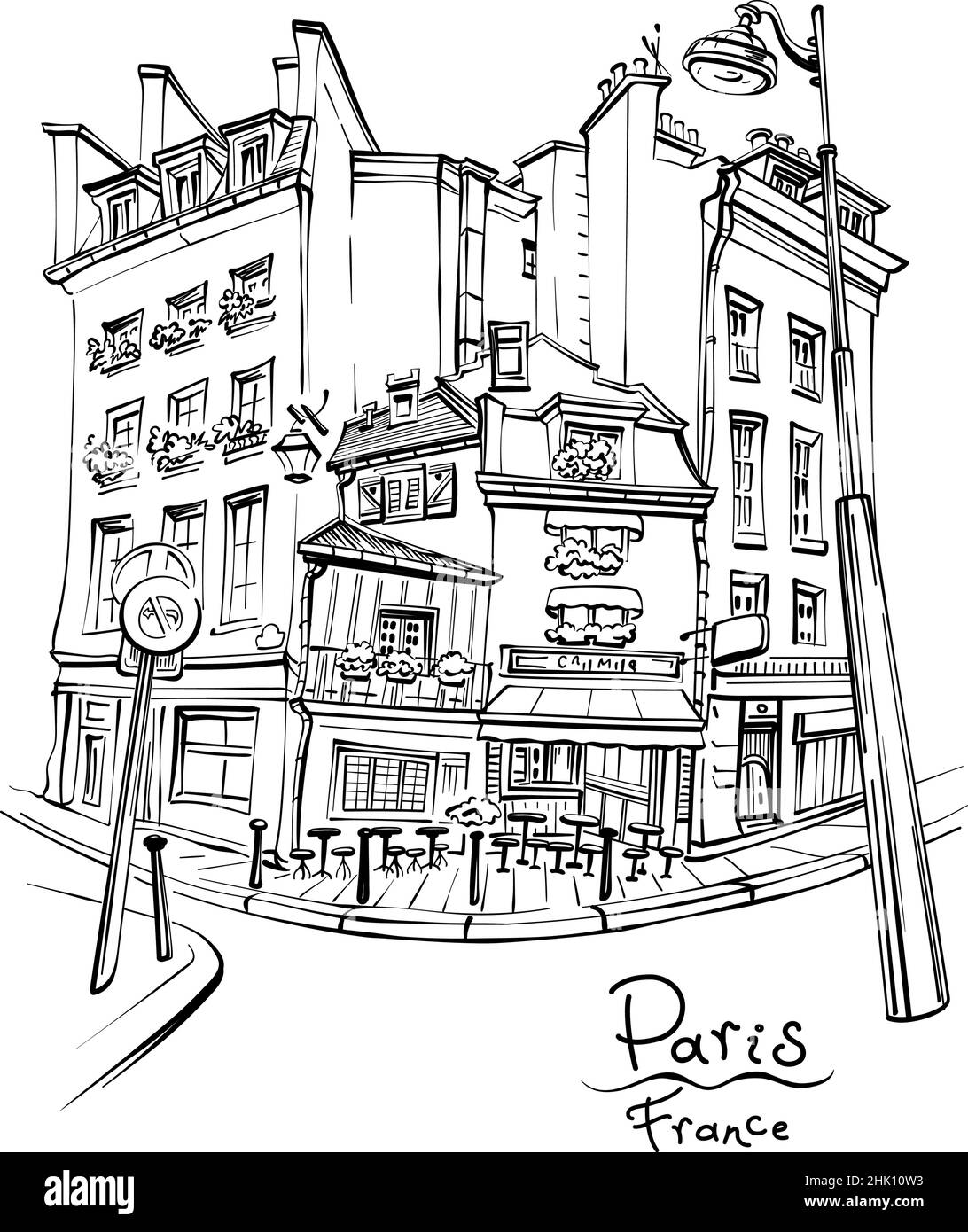 Disegno manuale vettoriale. Tipica casa di parisain con caffè e lanterne, Parigi, Francia. Illustrazione Vettoriale