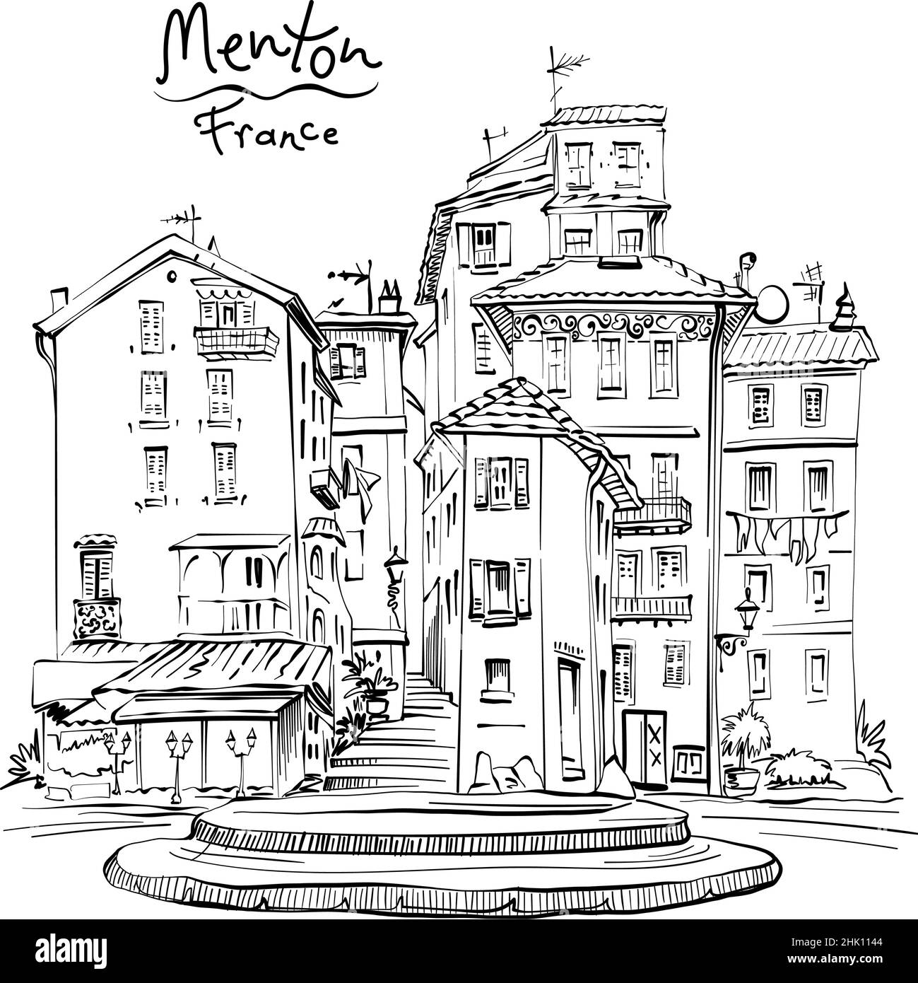 Disegno vettoriale a mano. Case tipiche provenzali a Menton, Provenza, Francia Illustrazione Vettoriale