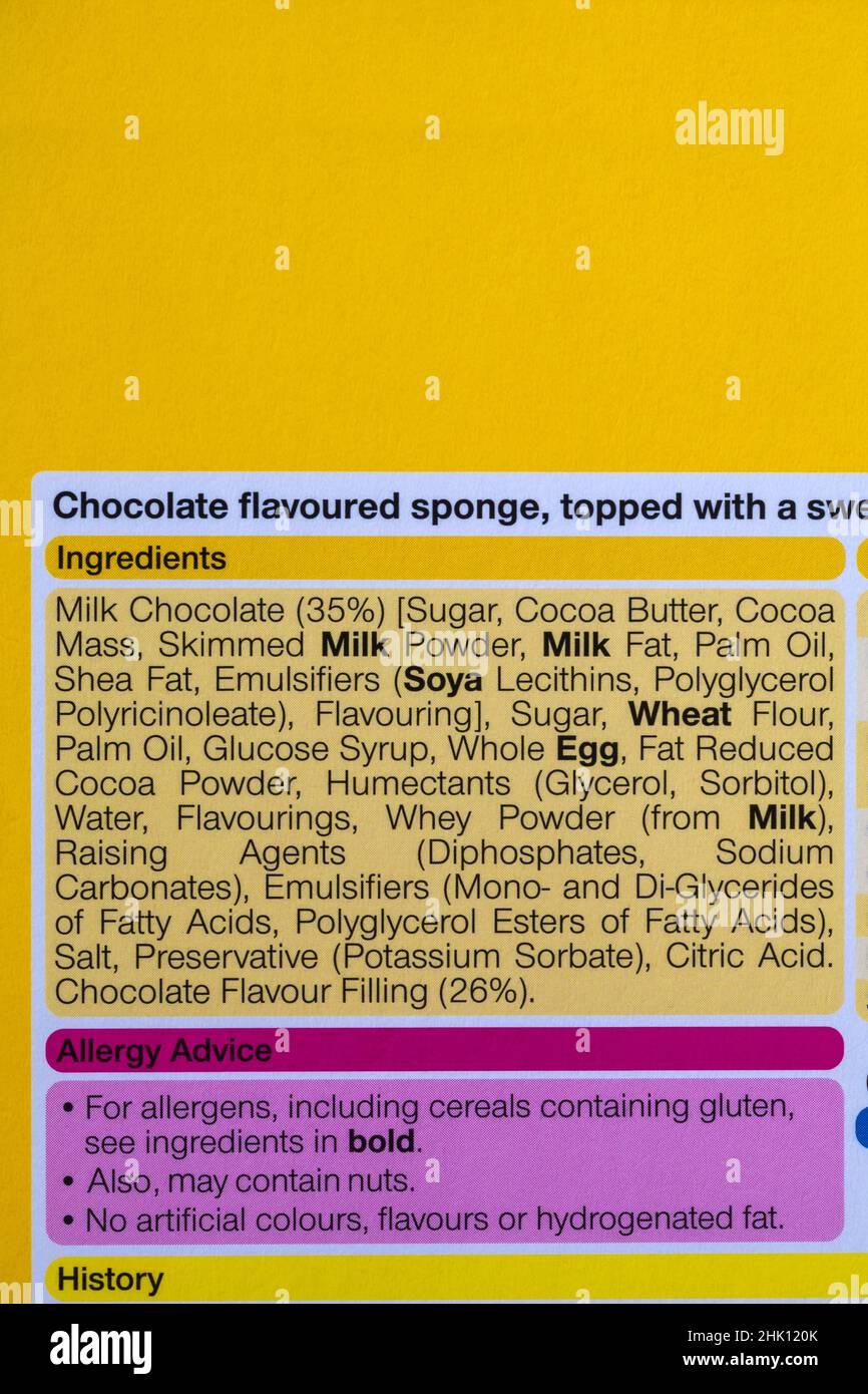 Ingredienti e allergia consulenza informazioni su scatola di tramogge Farmhouse panetterie cioccolato Nomnoms Nom noms torte Foto Stock