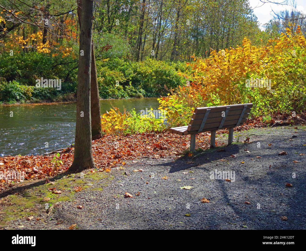 Brodhead Creek, in autunno con panchina vuota, è un affluente lungo 21,9 miglia del fiume Delaware nei Pocono della Pennsylvania orientale negli Stati Uniti. Foto Stock
