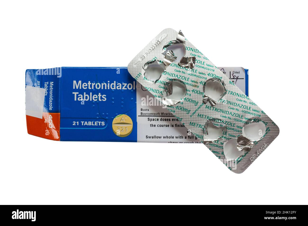 Blister vuoto usato in confezione di Metronidazole compresse antibiotici usati per trattare una serie di infezioni batteriche, pillole antibiotiche capsule Foto Stock