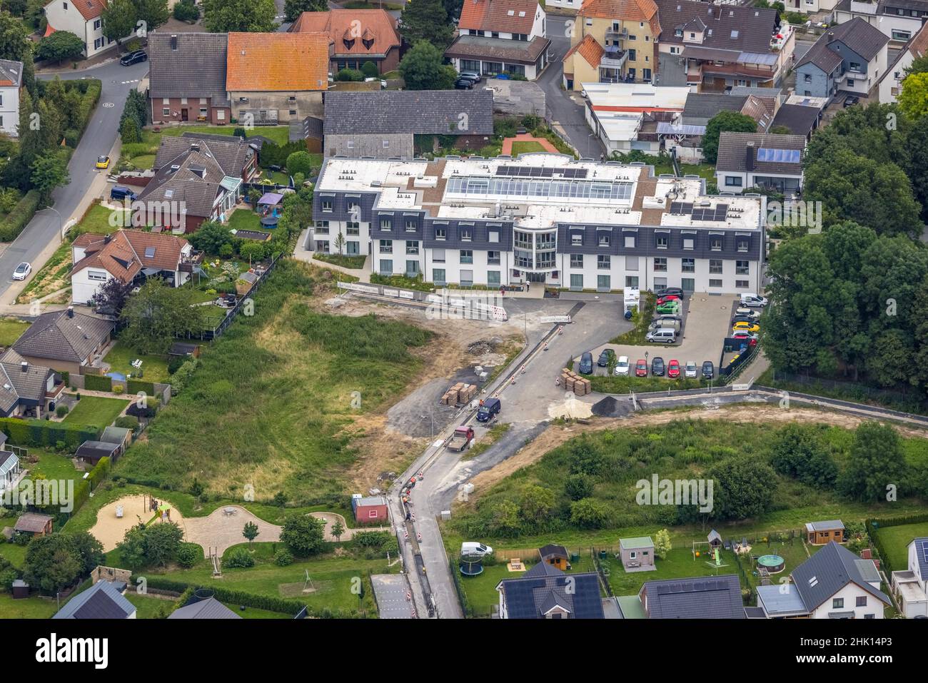 Vista aerea, cantiere presso la casa di cura Haus am Hellweg, Hemmerde, Unna, zona della Ruhr, Renania settentrionale-Vestfalia, La Germania, la casa degli anziani, gli anziani Foto Stock
