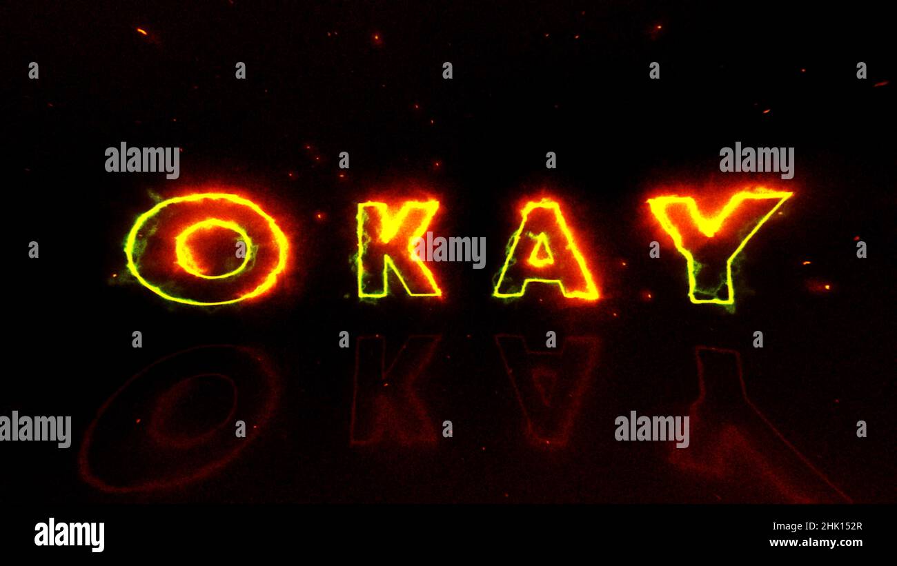 Le lettere astratte appaiono nella fiamma di energia bruciante e formando una parola OK. Movimento. Iscrizione OK su sfondo nero con scintille Foto Stock