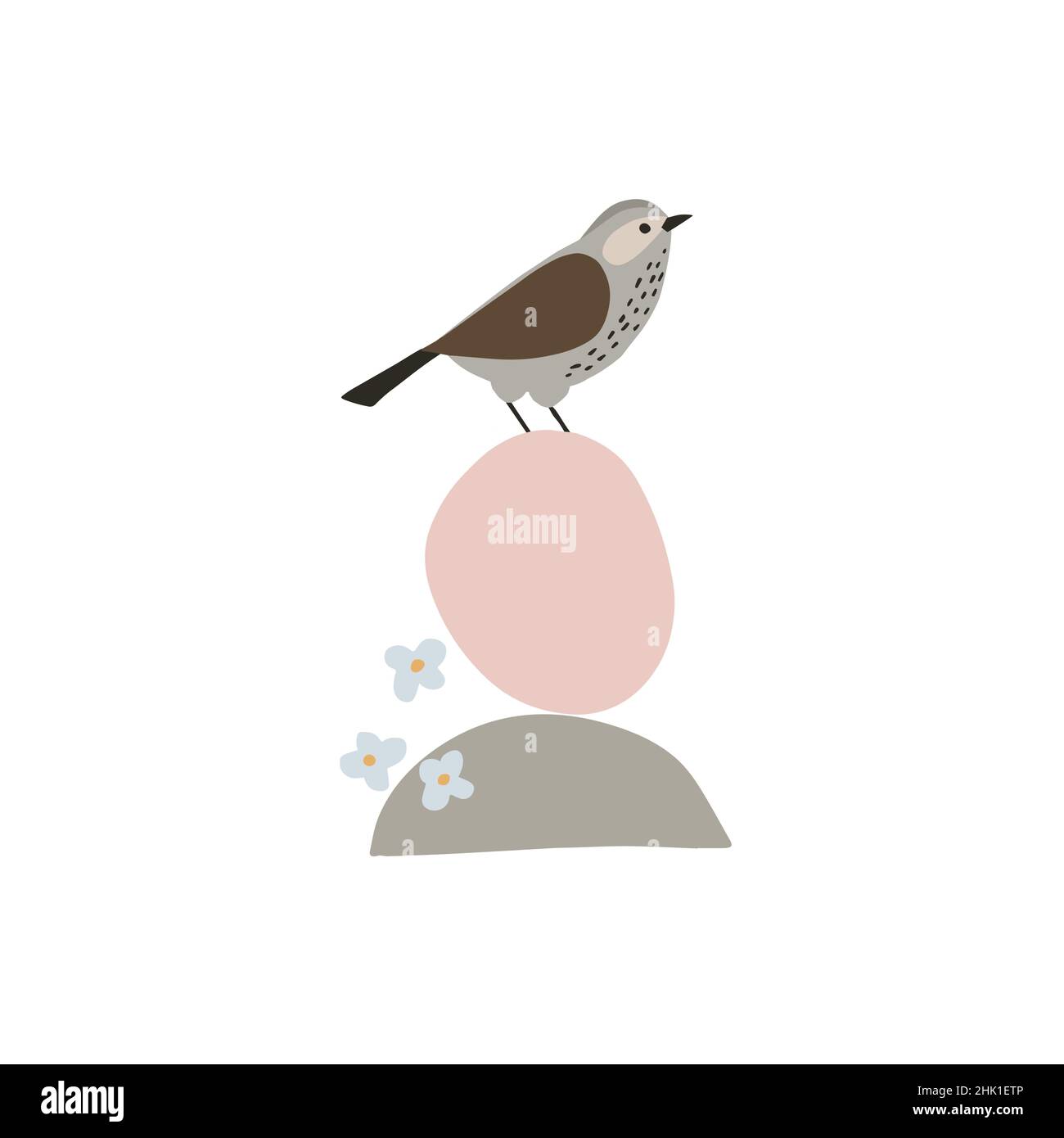 Biglietto d'auguri artistico di primavera, invito. Uccello seduto su forme geometriche organiche astratte. Fiori blu, fiori isolati su sfondo bianco Illustrazione Vettoriale