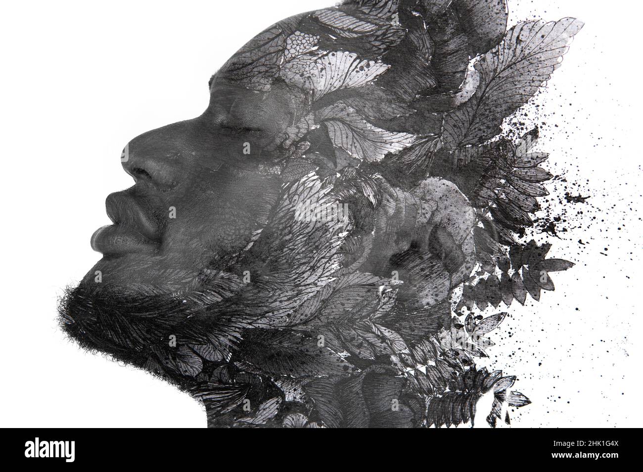 Pittura. Un ritratto di un uomo combinato con un inchiostro pittura di fogliame. Foto Stock
