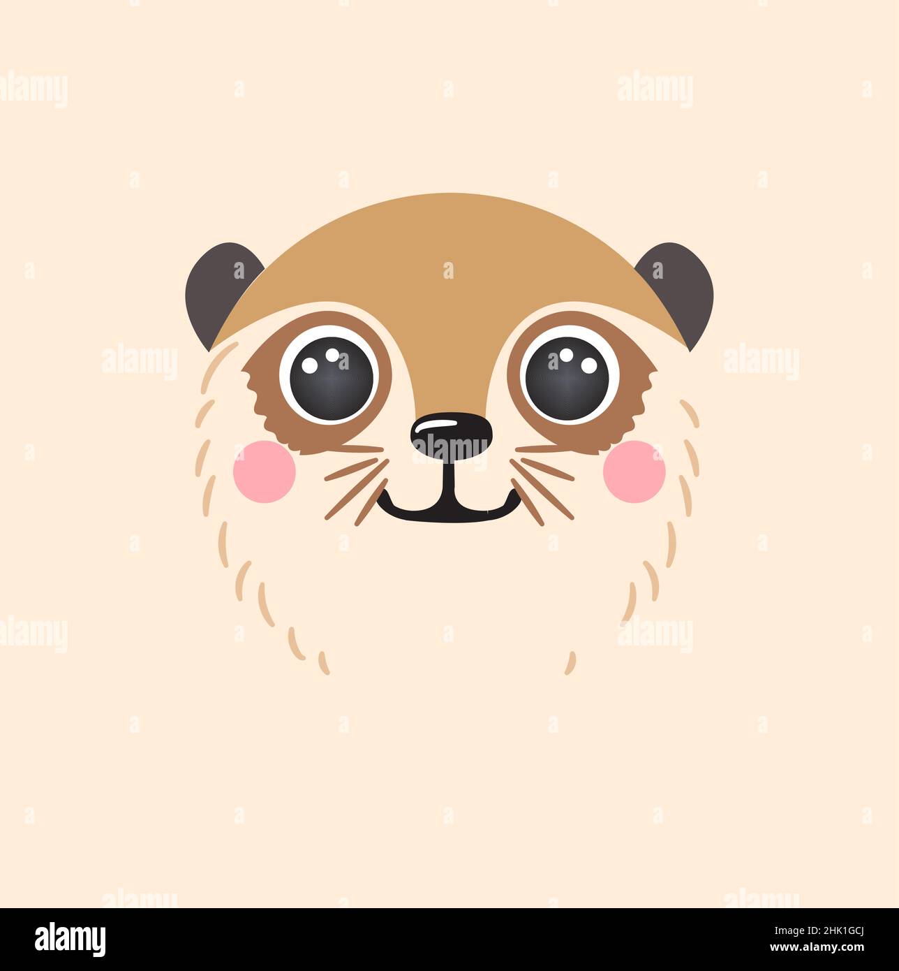Carino ritratto meerkat quadrato sorriso testa cartone animato forma rotonda animale faccia, isolato avatar mongoose vettore icona illustrazione. Semplice piatto disegnato a mano per i bambini poster, carte, t-shirt, vestiti per bambini Illustrazione Vettoriale