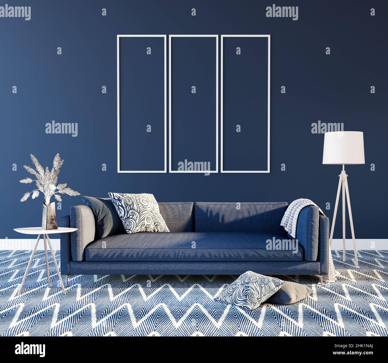 Il design interno del soggiorno con divano blu 3D è un'illustrazione del 3D Foto Stock