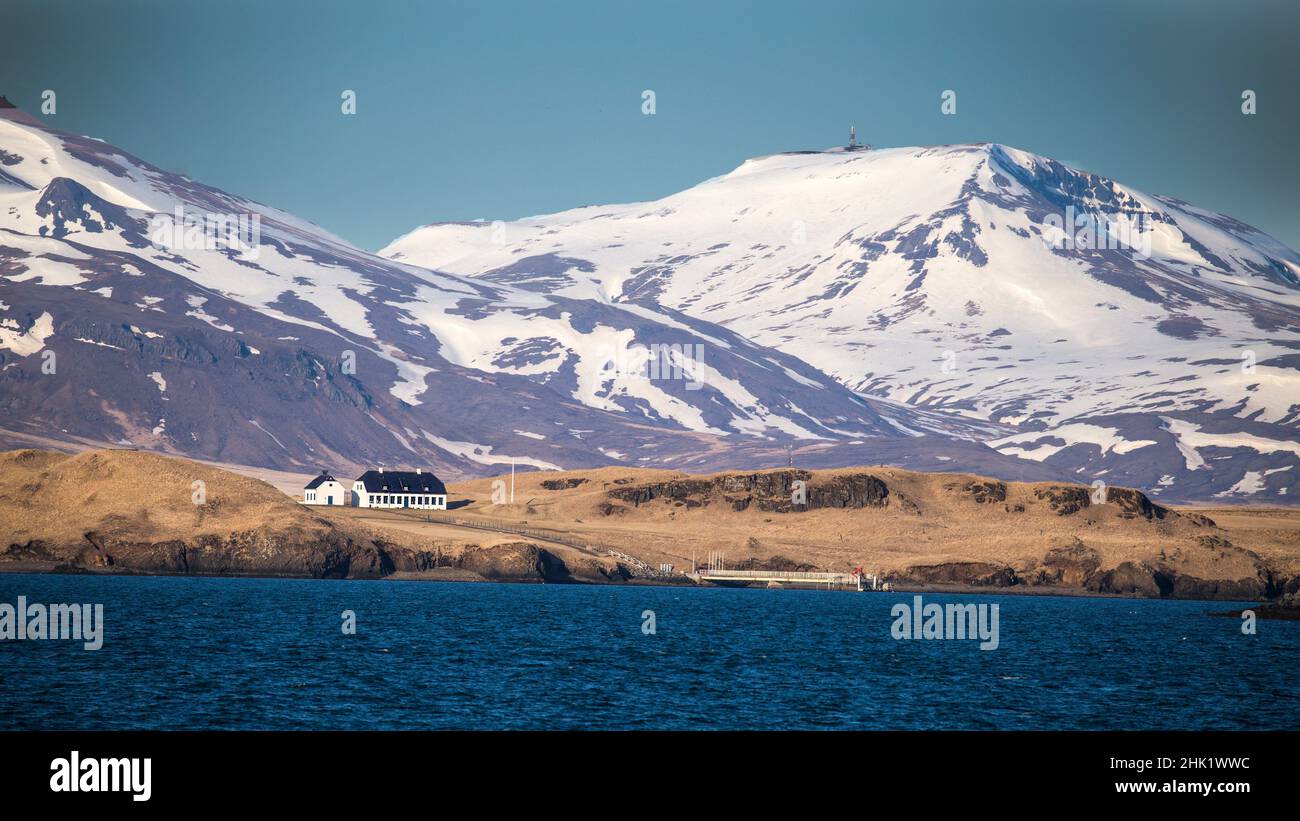 Casa di Viðey, isola di Viðey, Reykjavík, Islanda. Fotografia di viaggio Foto Stock