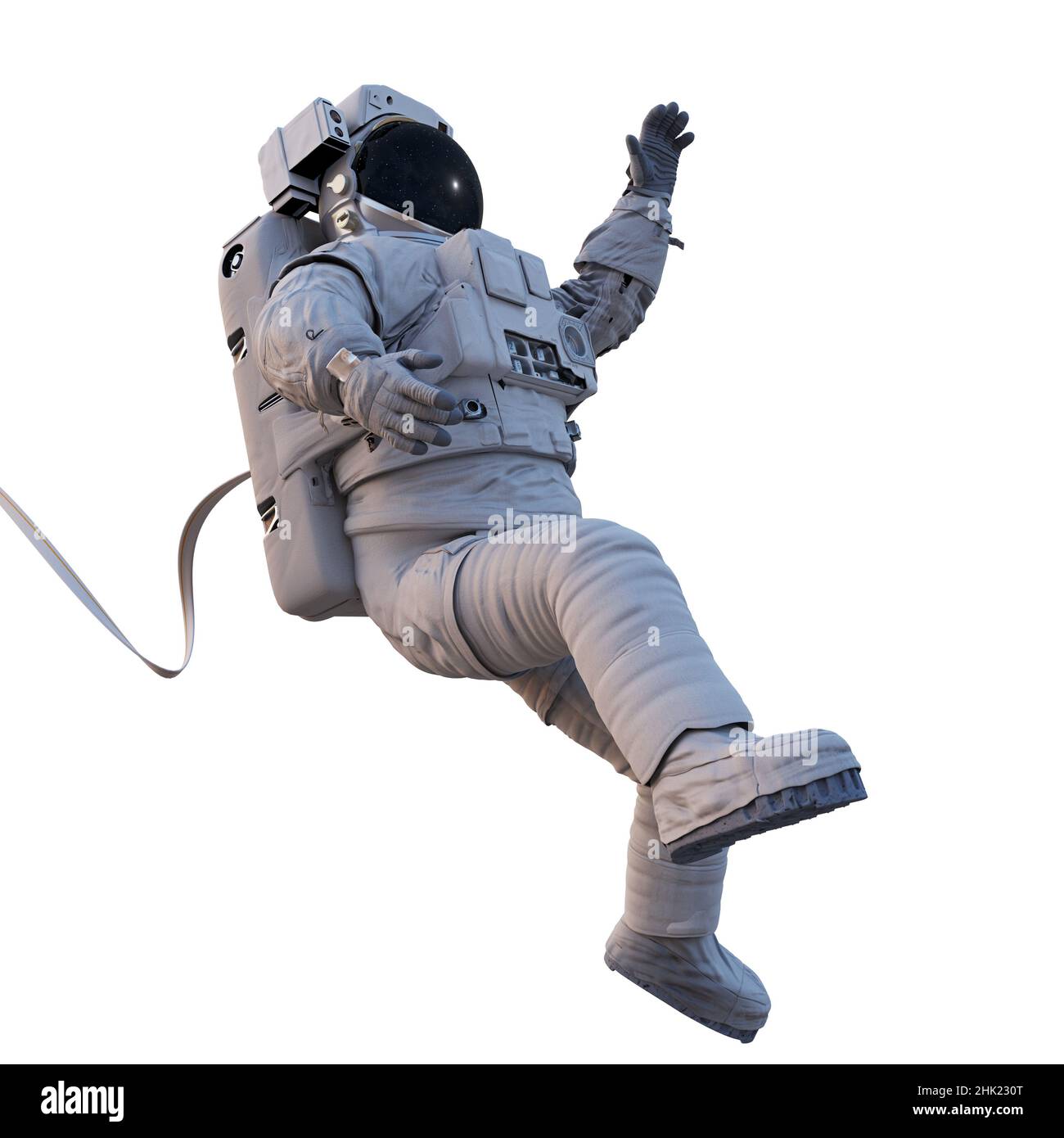 astronauta con cinghia di sicurezza che vola nello spazio esterno, isolato su sfondo bianco Foto Stock