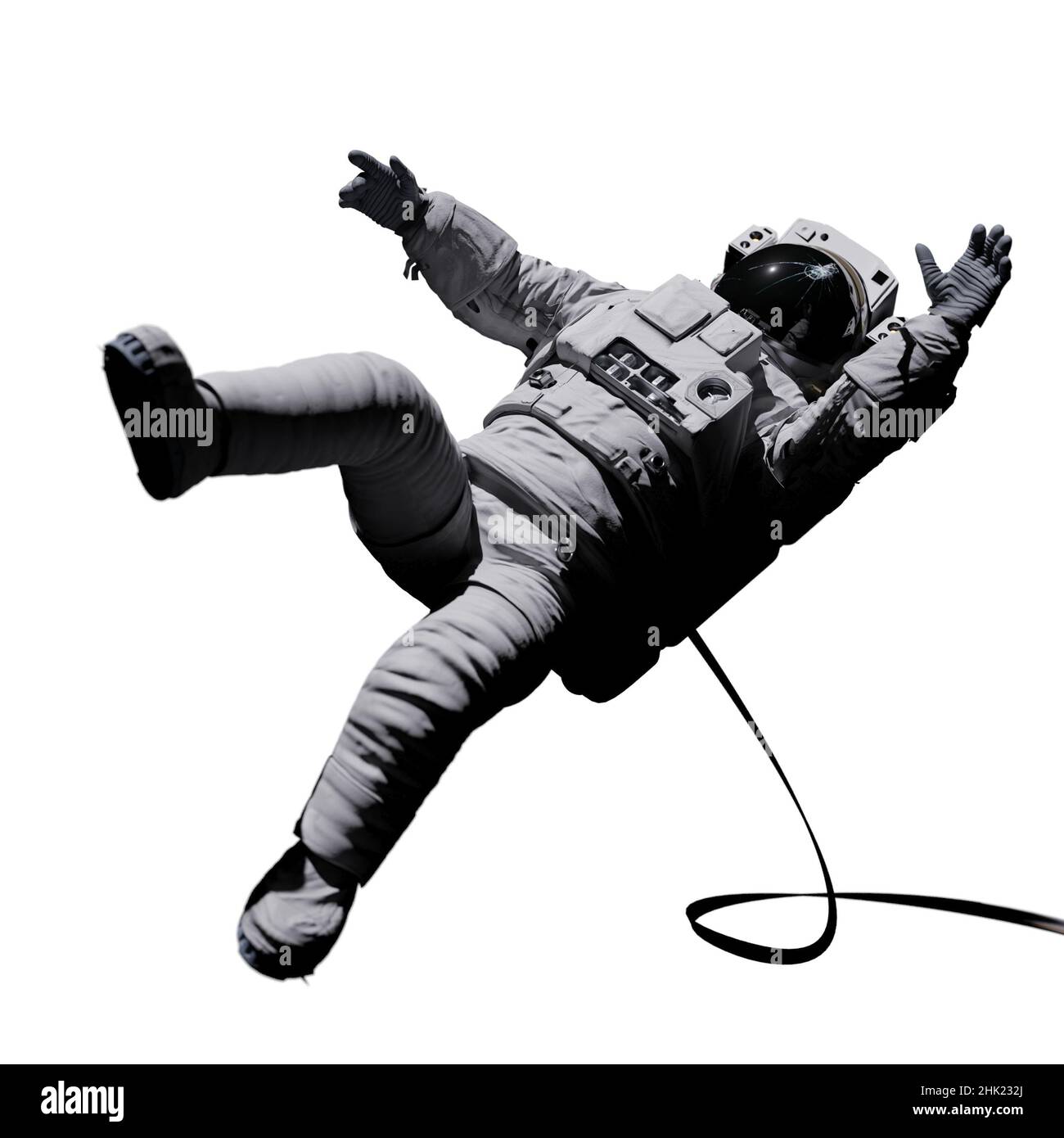 astronauta in difficoltà, spazio con casco danneggiato isolato su sfondo bianco Foto Stock