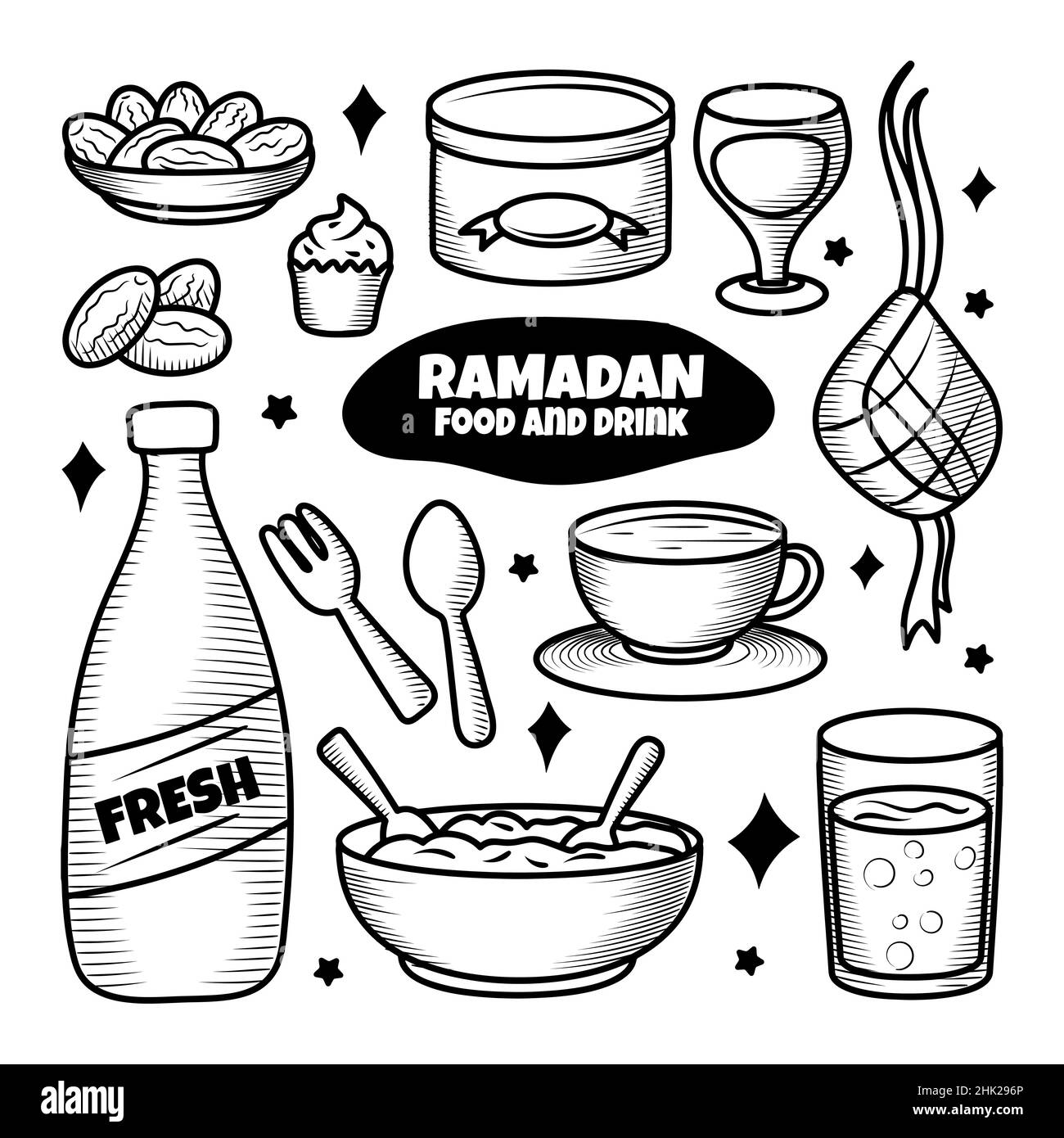 Illustrazione degli elementi del cibo e delle bevande di Ramadan kareem disegnati a mano Illustrazione Vettoriale