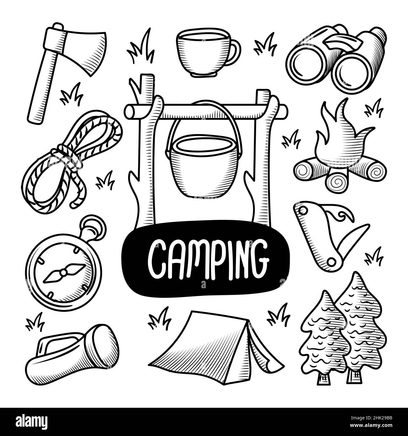 Set di elementi da campeggio con disegno a mano a forma di barbatella in linea Illustrazione Vettoriale