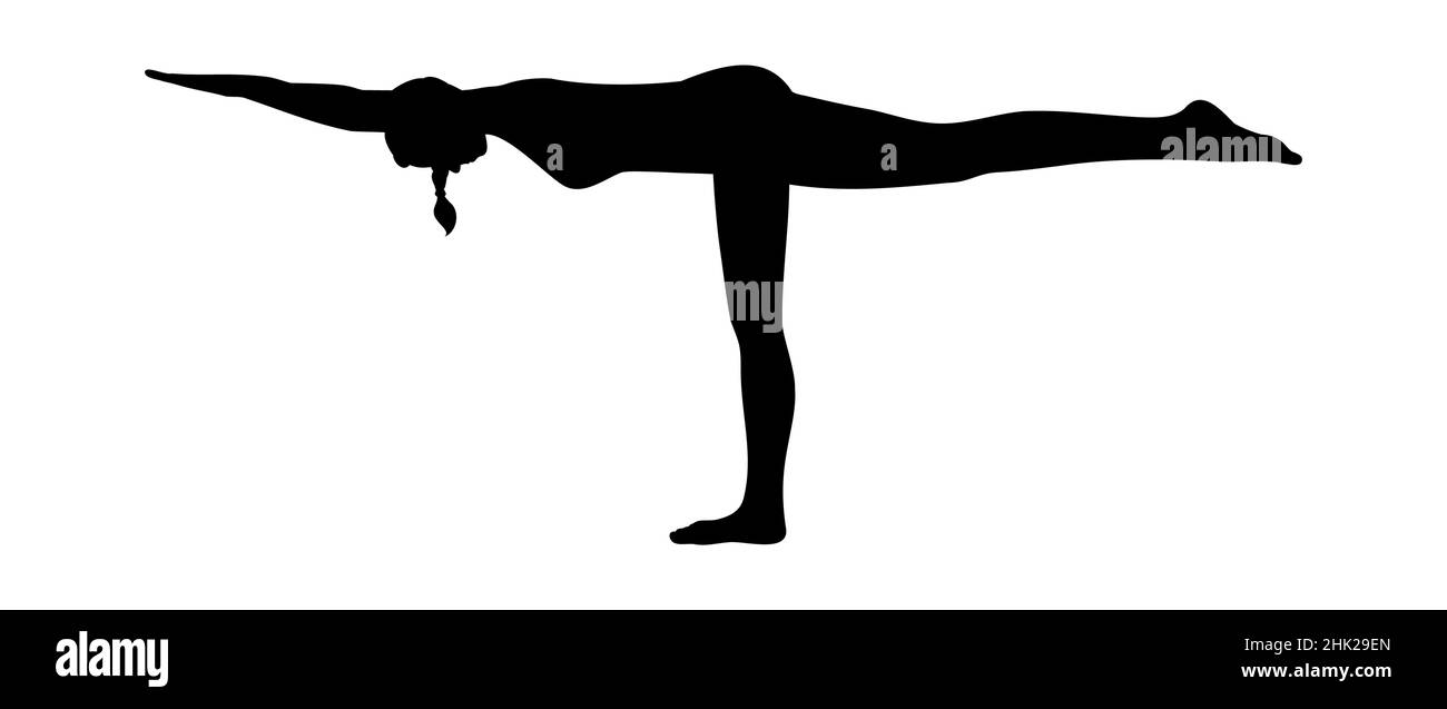 Donna silhouette pratica guerriero III posa. Asana yoga strengthing. Illustrazione vettoriale isolata su sfondo bianco Illustrazione Vettoriale