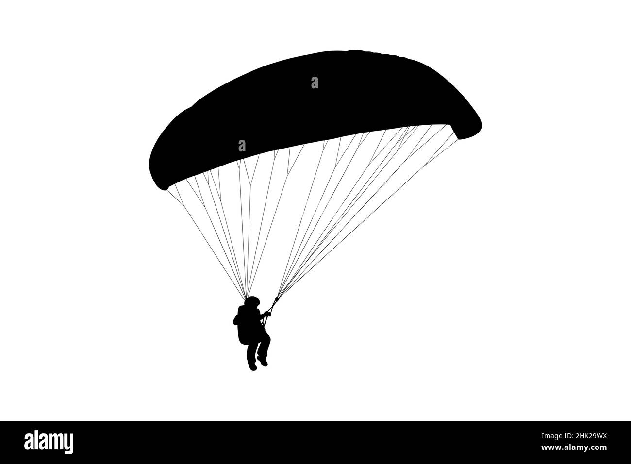 Silhouette uomo in parapendio. Ala in parapendio e imbracatura per voli aerei. Illustrazione vettoriale monocromatica isolata su sfondo bianco Illustrazione Vettoriale