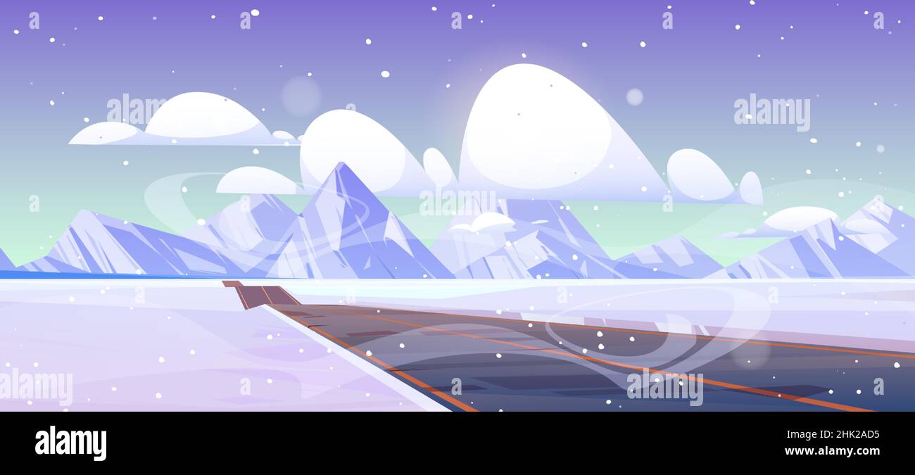 Auto strada per le montagne sulla valle della neve in inverno. Illustrazione vettoriale di cartoni animati di paesaggio con strada asfaltata vuota, rocce bianche all'orizzonte, nevicate e nuvole nel cielo Illustrazione Vettoriale