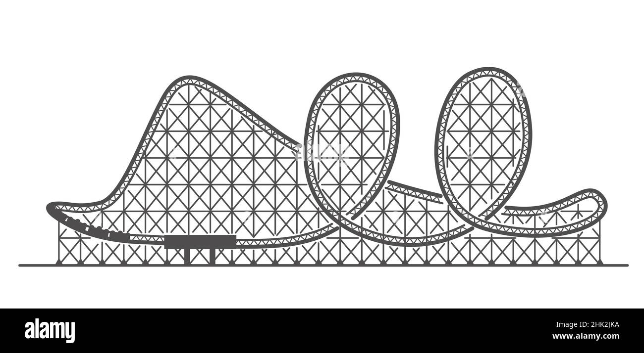 Silhouette con montagne russe. Pista di corsa nel parco divertimenti. Attrazione spaventosa. Illustrazione del contorno vettoriale Illustrazione Vettoriale