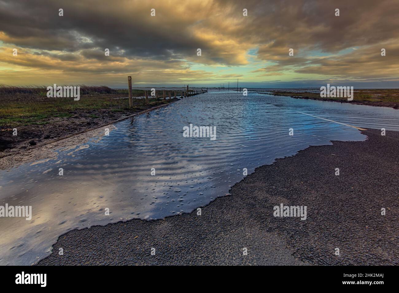 La strada ripiena che conduce a Holy Island Northumberland, Regno Unito Foto Stock