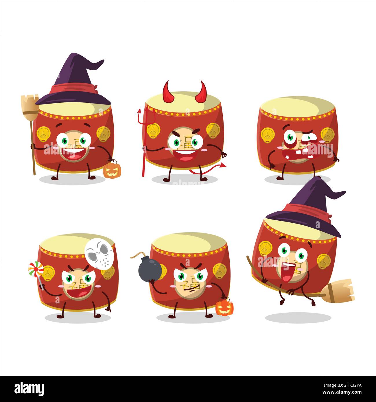 Emoticon di Halloween espressione con carattere cartoon di rosso tamburo cinese. Illustrazione vettoriale Illustrazione Vettoriale