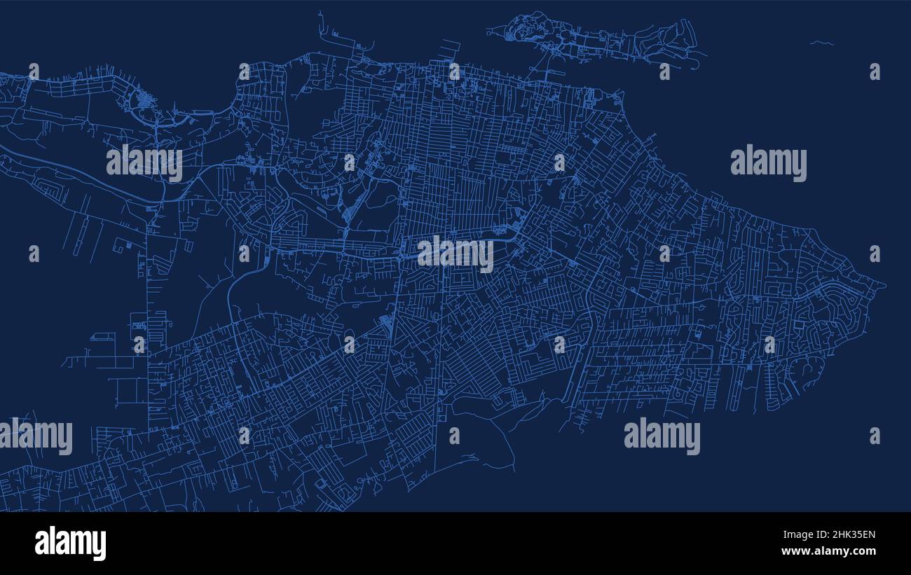 Città di Nassau, capitale della provincia di Bahamas mappa vettoriale. Mappa stradale blu, area comunale, linee bianche. Panorama urbano per turismo. Illustrazione Vettoriale