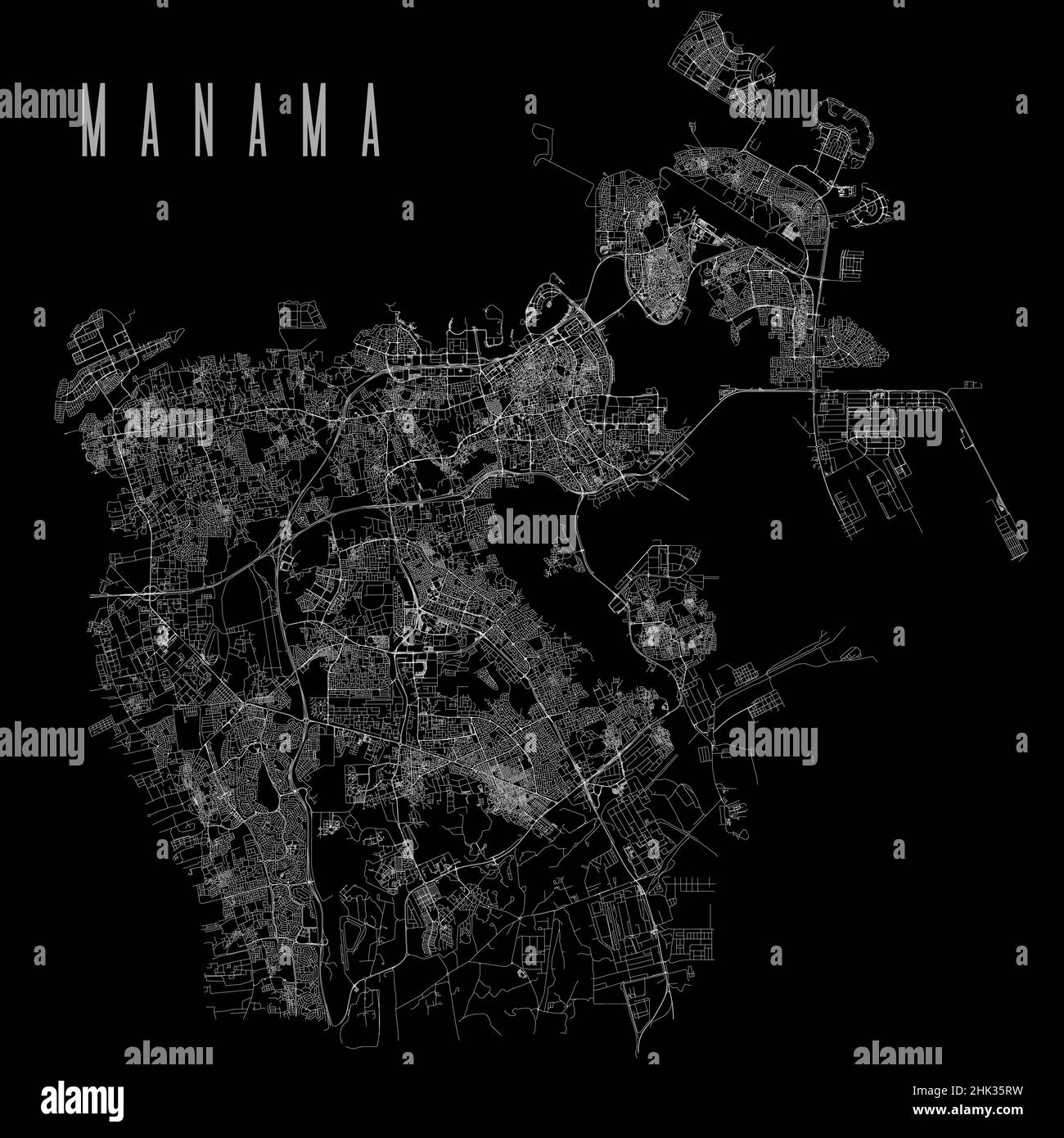 Poster della mappa vettoriale della provincia di Manama. Capitale del Bahrain piazza strada lineare, area amministrativa comunale, linee bianche su ba nera Illustrazione Vettoriale