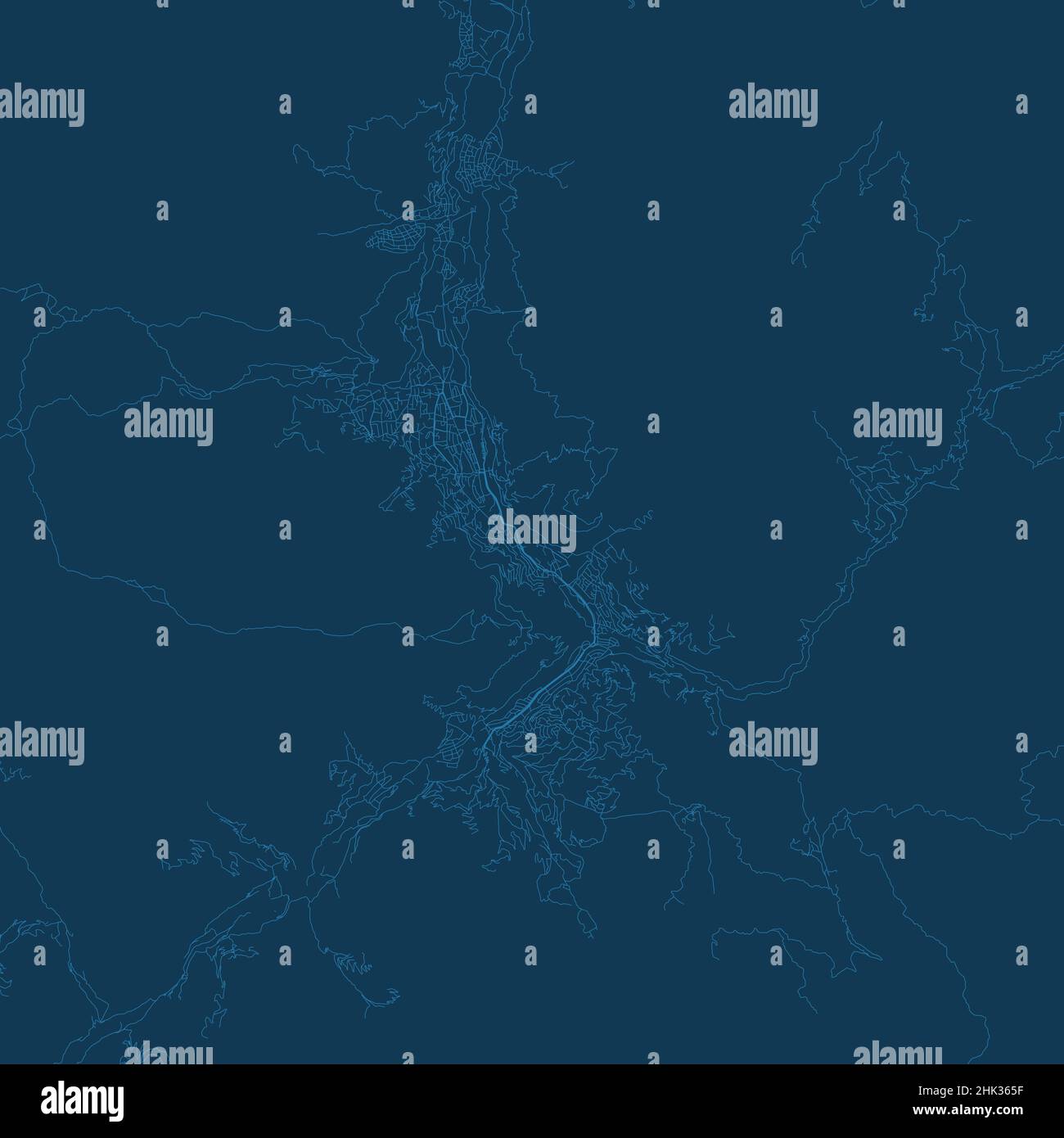 Mappa vettoriale della città di Thimphu, capitale della provincia del Bhutan. Mappa stradale blu, area comunale, linee bianche. Panorama urbano per turismo. Illustrazione Vettoriale