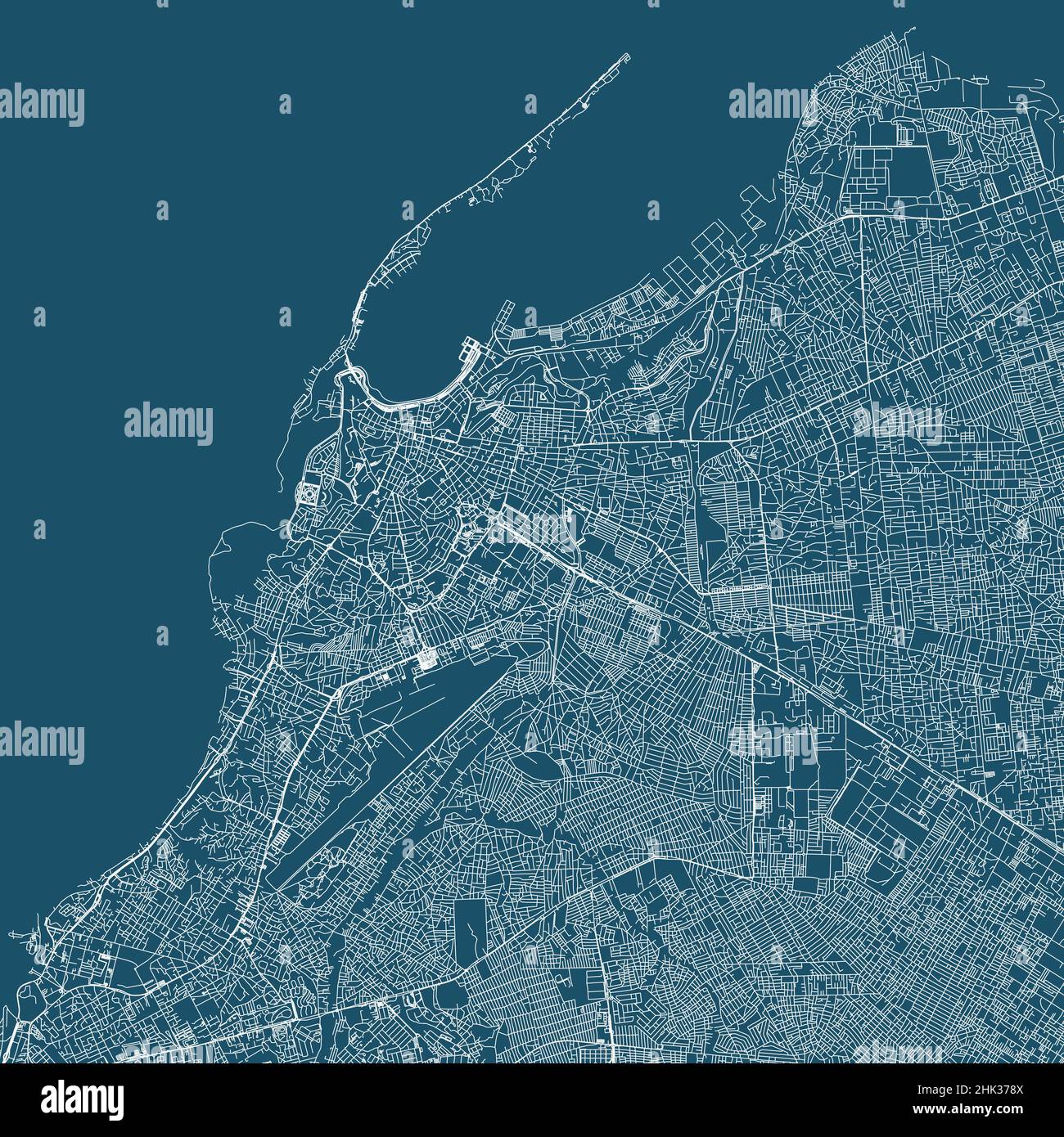 Mappa vettoriale della città di Luanda, capitale della provincia del comune di Angola. Mappa stradale blu, area comunale, linee bianche. Panorama urbano per turismo. Illustrazione Vettoriale