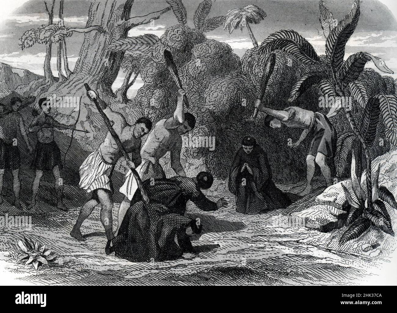 'Missionnaires franciscains au Bresil massacri par la population autoctone' (missionari francescani in Brasile massacrati dalla popolazione indigena) gravure tiree de 'Histoire des Missions catholiques' de Henrion Collezione 1846 privee Foto Stock