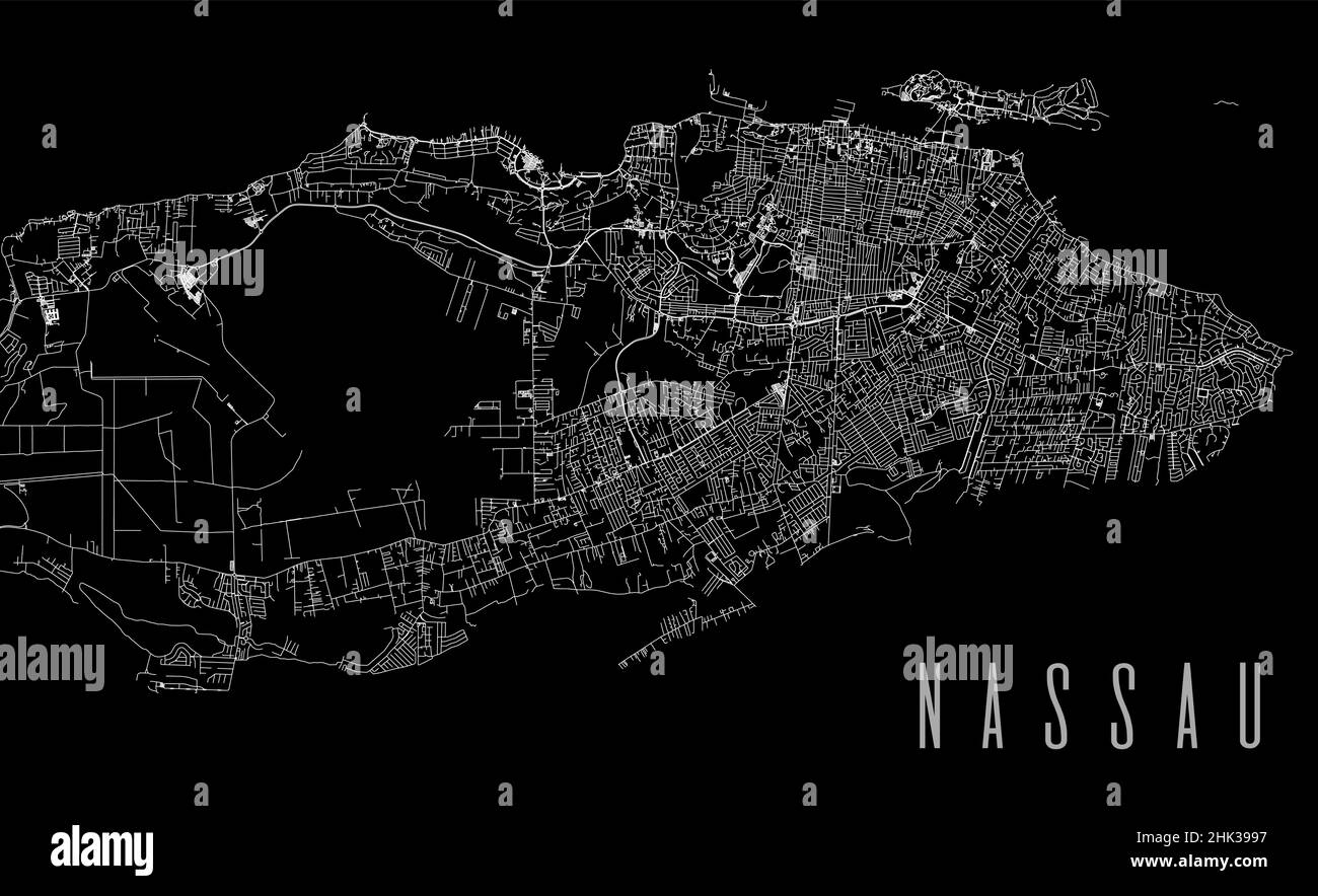 Poster della mappa vettoriale della provincia di Nassau. Capitale delle Bahamas piazza comune mappa stradale lineare, area amministrativa comunale, linee bianche su ba nera Illustrazione Vettoriale