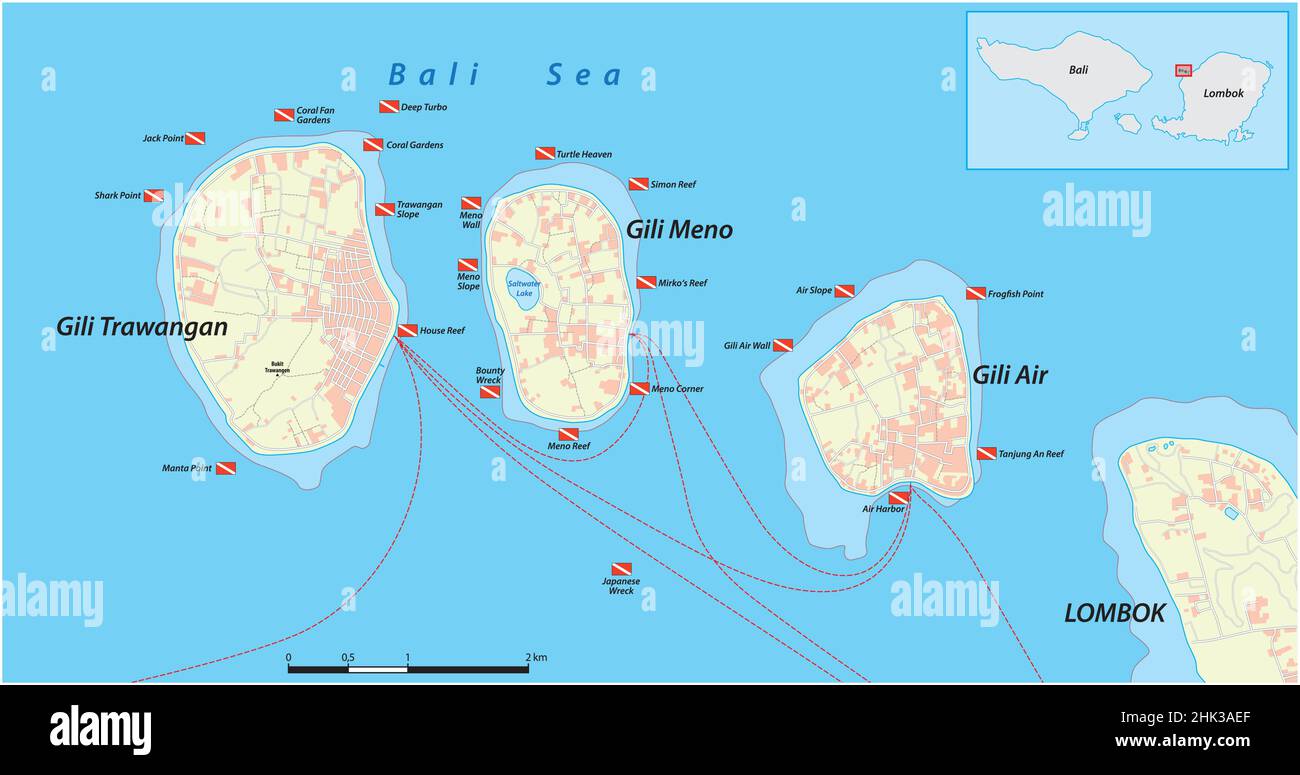 Mappa dettagliata dell'arcipelago Gili, Nusa Tenggara, Indonesia Illustrazione Vettoriale