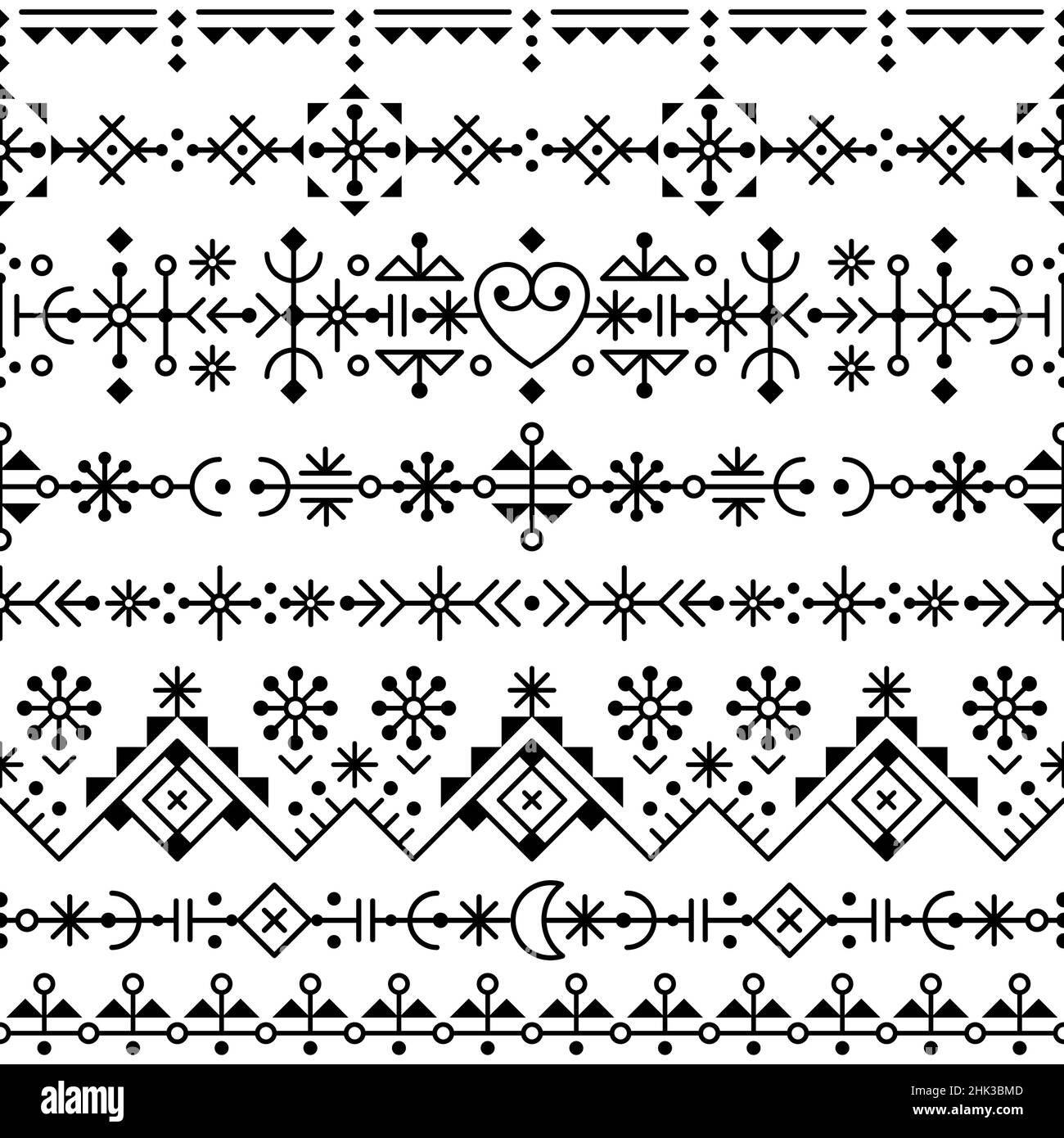 Linea tribale in stile islandese vettore artistico senza cuciture verticale patten con cuori e forme geometriche, tessuto o stampa disegno ispirato da Viking RU Illustrazione Vettoriale