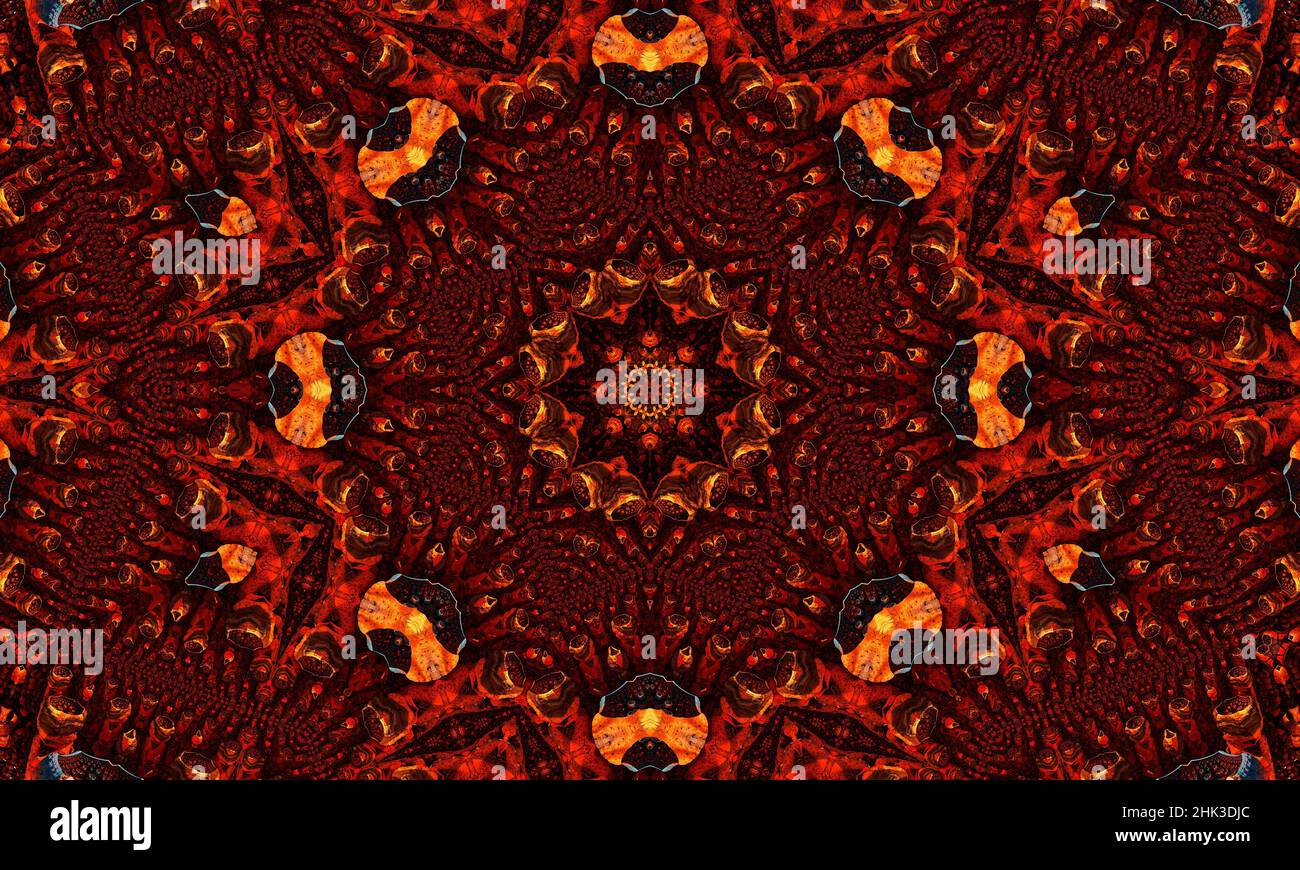 Caleidoscopio allo zenzero. Carta da parati groovy. Zenzero ripetere Batik. Colore geometrico nero. Orrore psichedelico mistico. Rug geometrico bianco. Wa Mystic senza giunture Foto Stock