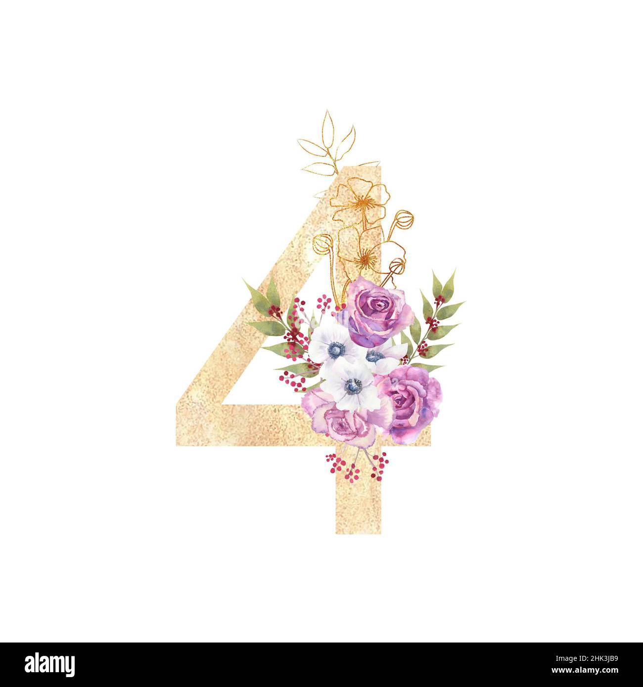 Design di un numero d'oro 4 con mazzi di fiori di rose viola, anemoni, ecc decor. Illustrazione dell'acquerello su sfondo bianco. Matrimonio e. Foto Stock