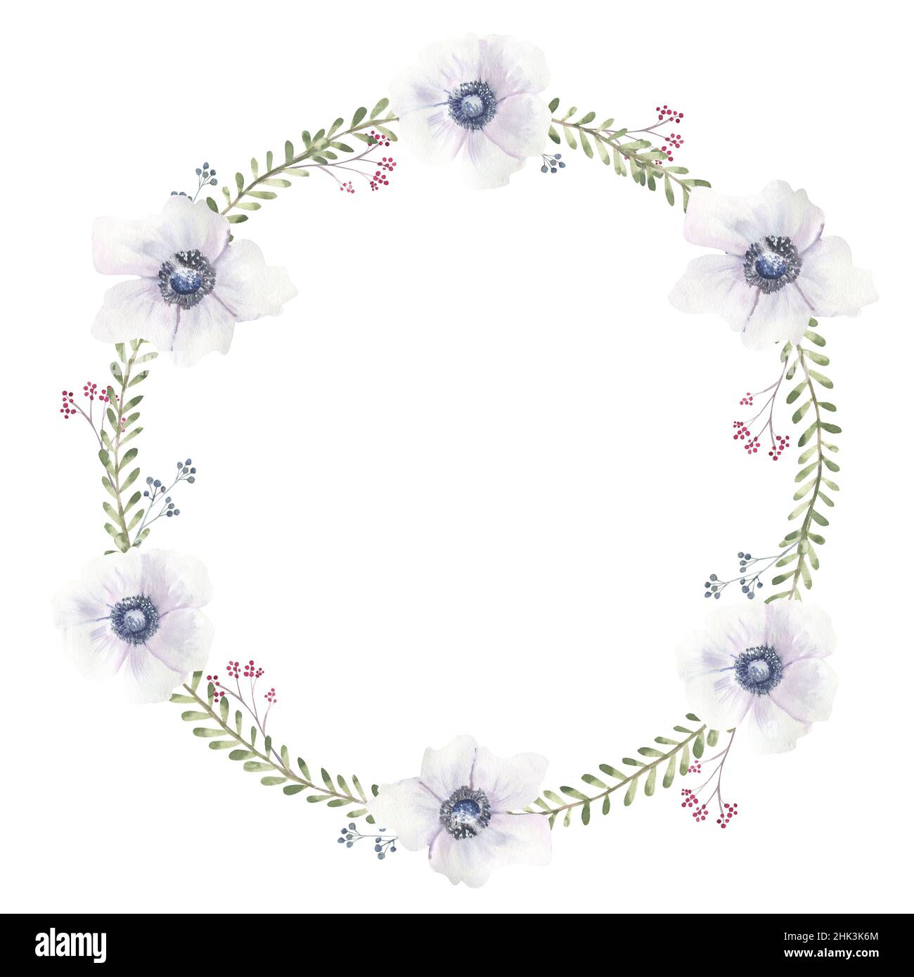 Corona floreale con rose viola e anemoni su sfondo bianco isolato. Illustrazione dell'acquerello disegnata a mano Foto Stock