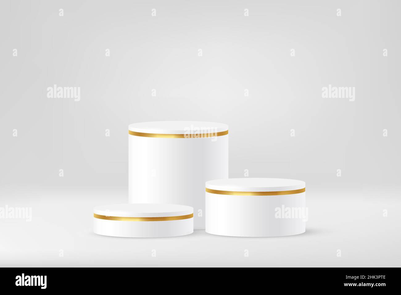 3d cilindri piattaforma podio con bordo in linea d'oro su disegno vettoriale bordo. Realistico mockup a piedistallo bianco di forma geometrica rotonda, vincitore Illustrazione Vettoriale