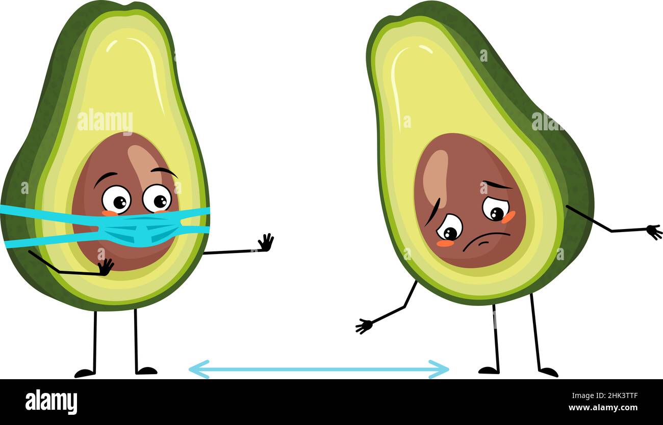 Carattere avocado con emozioni tristi, viso e maschera mantenere la distanza, braccia e gambe. Persona con espressione, emoticon vegetale. Illustrazione piatta vettoriale Illustrazione Vettoriale