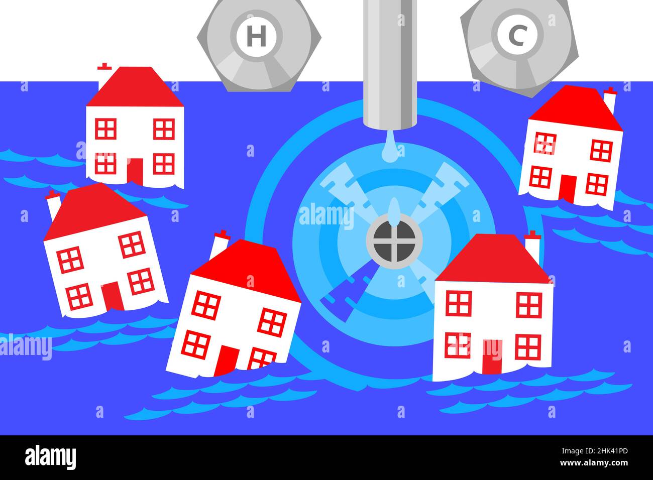 Un'illustrazione di un lavandino che viene drenato e molte piccole case che vengono aspirate nel vortice creato dal foro del tappo. Foto Stock