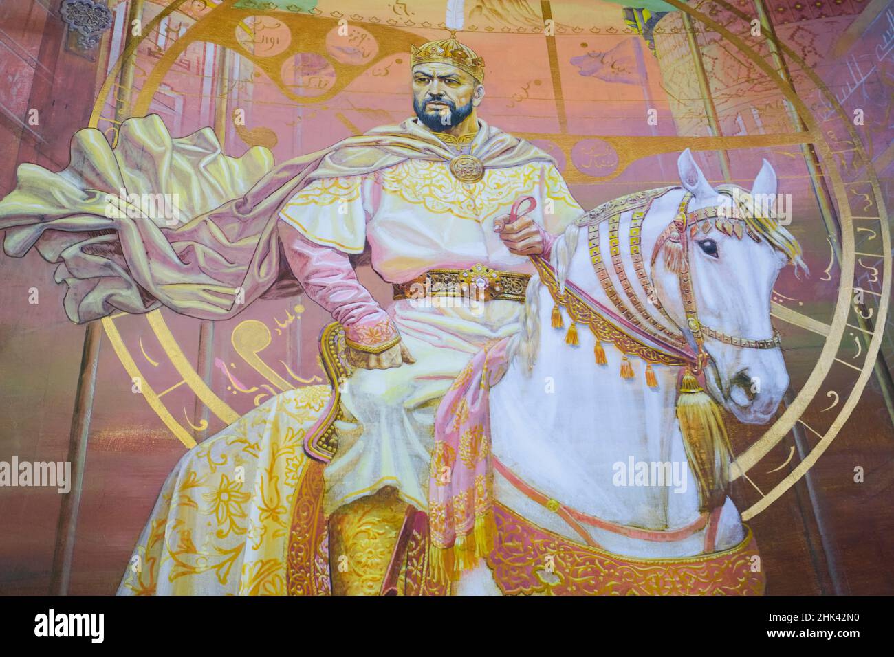 Il grande leader Amir Timur su un cavallo bianco. Parte di un grande murale raffigurante gli eroi dell'era di Silk Road, i leader. Presso il Museo di Storia Statale di Tashken Foto Stock