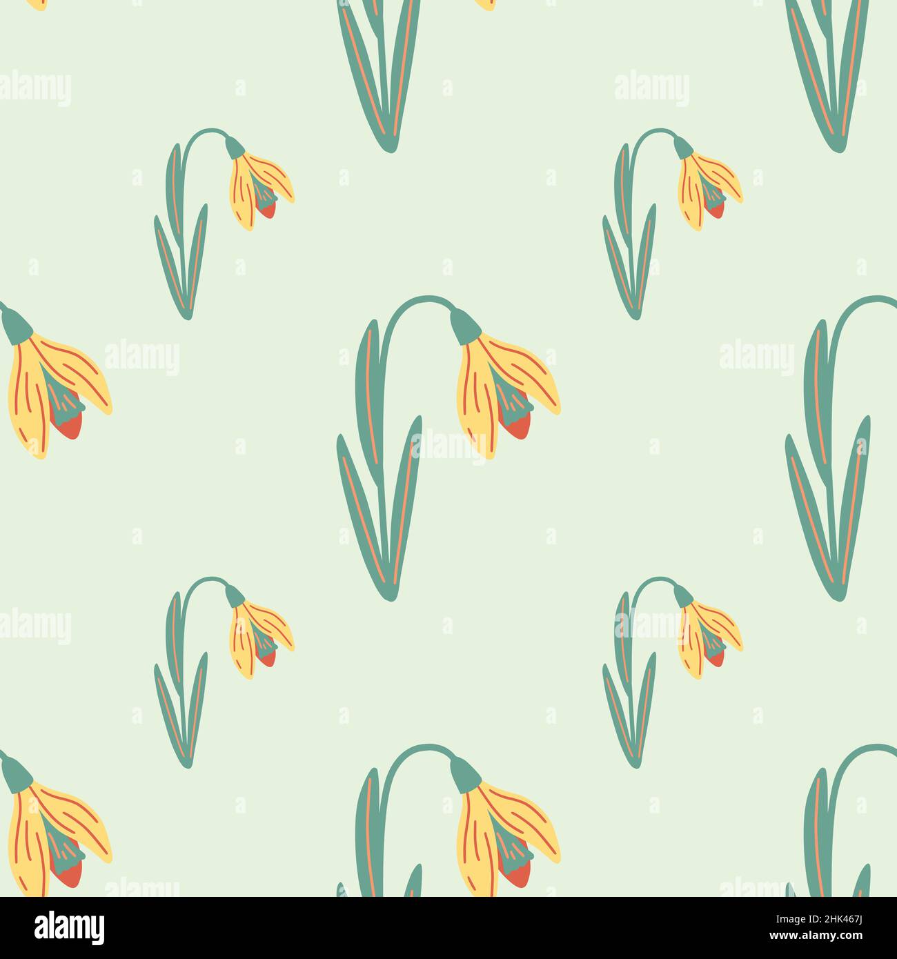 Giallo galanthus fiore senza cuciture modello di scarabocchio in stile disegnato a mano. Sfondo pastello chiaro. Stile semplice. Illustrazione vettoriale per tessuti stagionali p Illustrazione Vettoriale