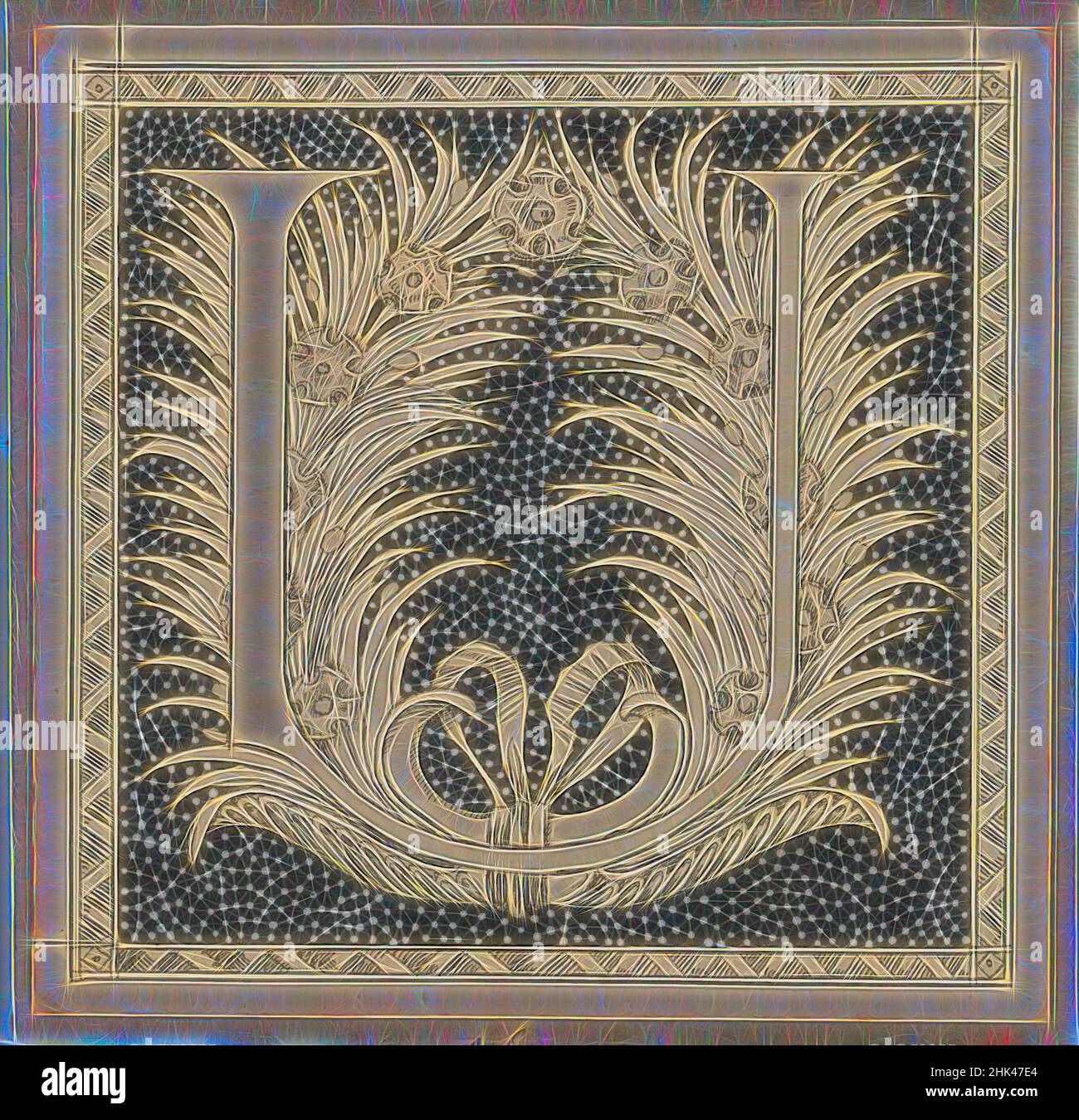 Ispirato dalla lettera capitale U, la vita di nostro Signore Gesù Cristo, la vie de Notre-Seigneur Jésus-Christ, James Tissot, francese, 1836-1902, inchiostro su carta montato a bordo, Asia, 1886-1894, foglio: 4 5/8 x 4 11/16 in., 11,7 x 11,9 cm, alfabeto, lettera maiuscola U, disegno, fiori, Grafica, IMLS, iniziale, reinventata da Artotop. L'arte classica reinventata con un tocco moderno. Design di calda e allegra luminosità e di raggi di luce. La fotografia si ispira al surrealismo e al futurismo, abbracciando l'energia dinamica della tecnologia moderna, del movimento, della velocità e rivoluzionando la cultura Foto Stock