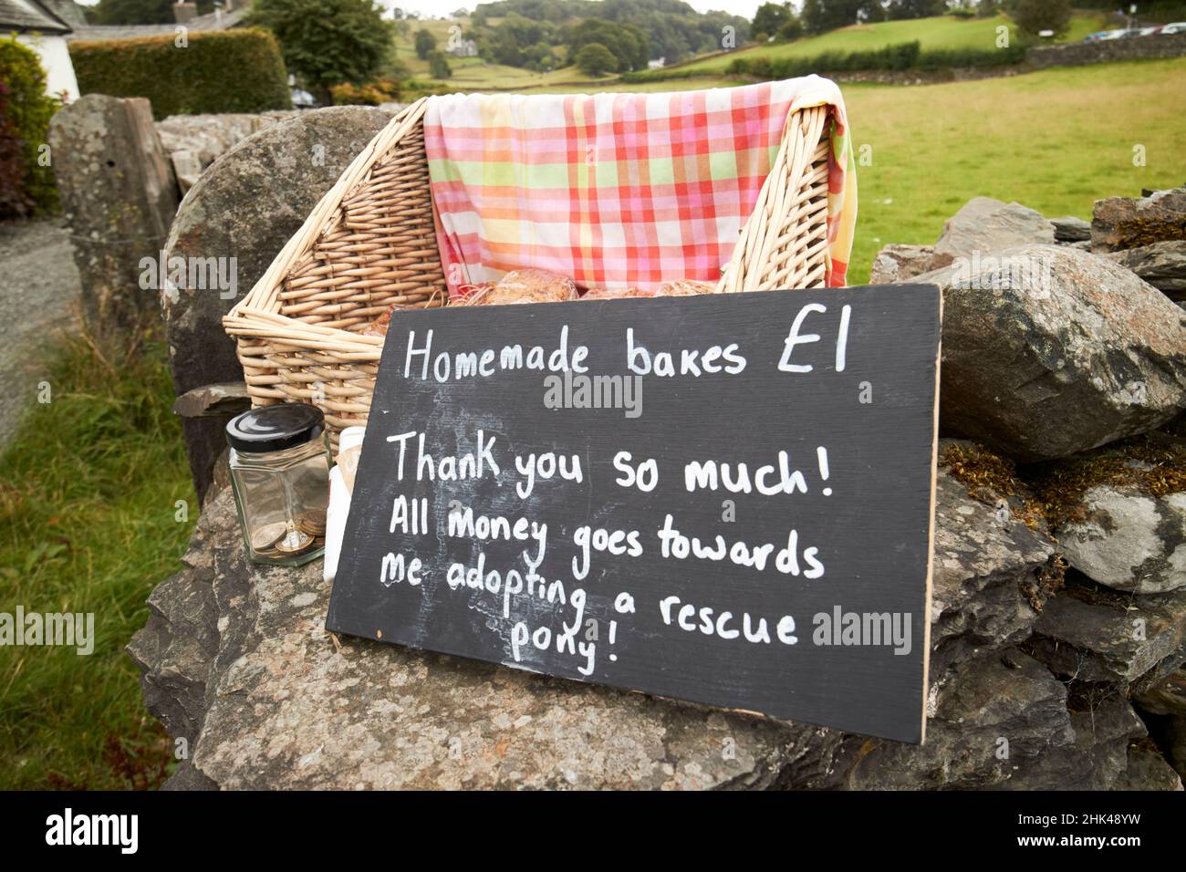 fiocchi fatti in casa per la vendita onestà scatola denaro per un pony di salvataggio vicino sawrey lake district, cumbria, inghilterra, regno unito Foto Stock