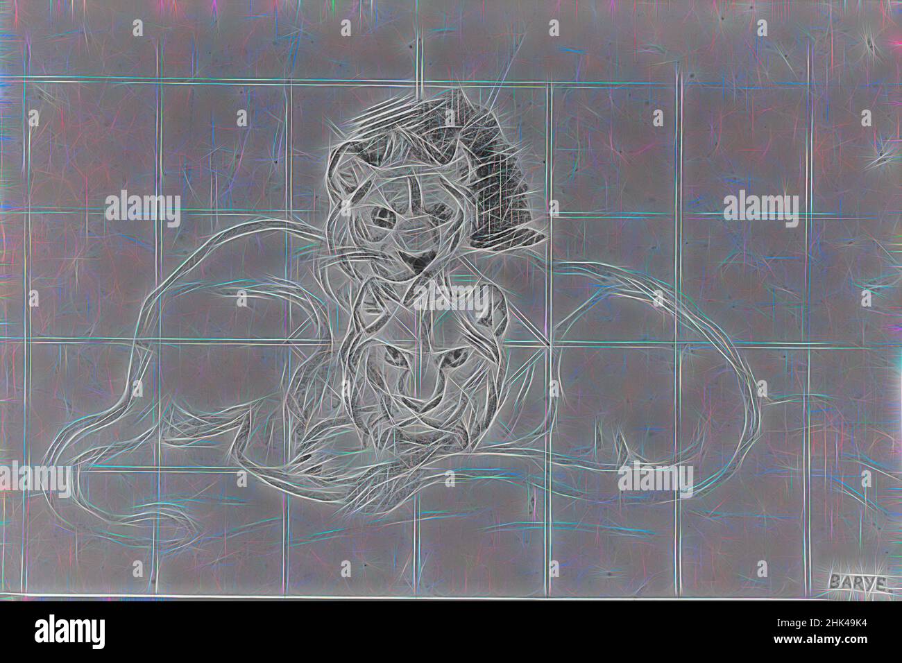 Ispirato da due Lions, Antoine-Louis Barye, francese, 1795-1875, grafite su carta stampata, Francia, n.d., foglio: 5 1/8 x 7 9/16 in., 13 x 19,2 cm, disegno francese, grafite su carta stampata in crema, leone, reinventato da Artotop. L'arte classica reinventata con un tocco moderno. Design di calda e allegra luminosità e di raggi di luce. La fotografia si ispira al surrealismo e al futurismo, abbracciando l'energia dinamica della tecnologia moderna, del movimento, della velocità e rivoluzionando la cultura Foto Stock