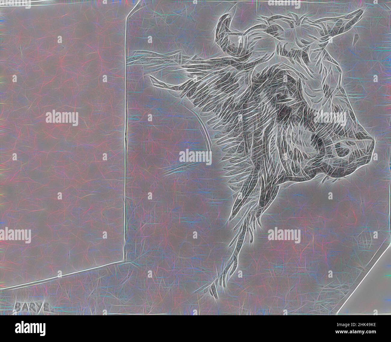 Ispirato dalla testa di un toro, Antoine-Louis Barye, francese, 1795-1875, grafite su carta stampata, Francia, n.d., foglio: 4 1/4 x 5 1/4 in., 10,8 x 13,3 cm, reinventato da Artotop. L'arte classica reinventata con un tocco moderno. Design di calda e allegra luminosità e di raggi di luce. La fotografia si ispira al surrealismo e al futurismo, abbracciando l'energia dinamica della tecnologia moderna, del movimento, della velocità e rivoluzionando la cultura Foto Stock