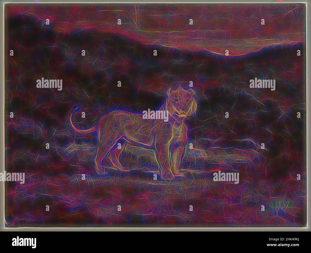Ispirato da Leone permanente, debout Leone, Antoine-Louis Barye, francese, 1795-1875, Acquerello, gouache e pastello su carta color crema, Francia, n.d., 9 11/16 x 13 pollici, 24,6 x 33 cm, animale, scuro, europeo, a quattro zampe, Francese, paesaggio, leone, leonessa, orgoglio, Coda, vigilante, acquerello, reinventato da Artotop. L'arte classica reinventata con un tocco moderno. Design di calda e allegra luminosità e di raggi di luce. La fotografia si ispira al surrealismo e al futurismo, abbracciando l'energia dinamica della tecnologia moderna, del movimento, della velocità e rivoluzionando la cultura Foto Stock