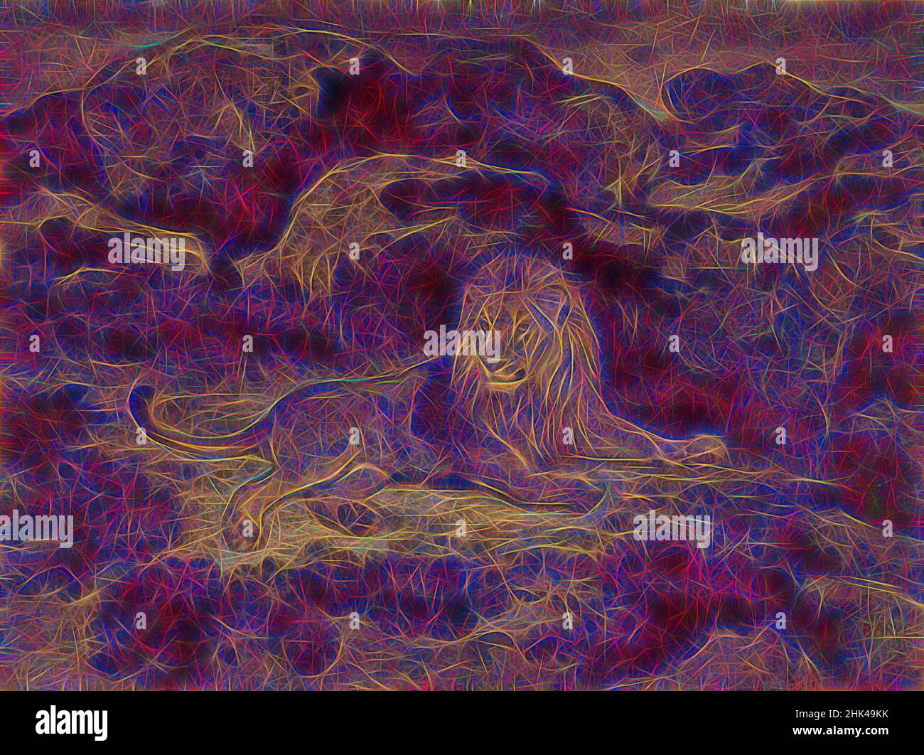 Ispirato da Lion Reclining, Lion au repos, Antoine-Louis Barye, francese, 1795-1875, Acquerello su carta color crema, Francia, n.d., 9 7/8 x 13 1/8 pollici, 25,1 x 33,3 cm, attento, gatto, europeo, grigio, paesaggio, leone, regale, roccioso, aspro, Acquerello, reinventato da Artotop. L'arte classica reinventata con un tocco moderno. Design di calda e allegra luminosità e di raggi di luce. La fotografia si ispira al surrealismo e al futurismo, abbracciando l'energia dinamica della tecnologia moderna, del movimento, della velocità e rivoluzionando la cultura Foto Stock